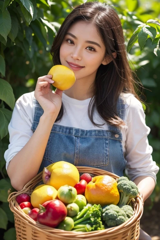 (a girl holding a basket)organic fruits and vegetables, vibrant colors, fresh-picked, nutrient-rich, (best quality, highres) detailed textures, (realistic) lifelike appearance, (sun-kissed lighting), (organic farming), (healthy lifestyle), (bountiful harvest), (natural beauty), (wholesome nourishment), (sustainable agriculture), (farm-to-table), (juicy, succulent:1.1) fruits, (crisp, leafy:1.1) vegetables, (naturally grown), (nutrient-dense), (diverse variety), (abundance), (exquisite detailing), (farm fresh), (locally sourced), (organic market), (culinary delights), (foodie's paradise), (colorful assortment), (mouthwatering flavors), (culinary perfection), (garden-fresh), (deliciously ripe), (sumptuous feast), (meticulously cultivated), (farmers' pride), (blossoming beauty), (wholesome goodness), (healthy indulgence), (gastronomic adventure), (delightful aroma), (feel-good flavors), farm-fresh ingredients