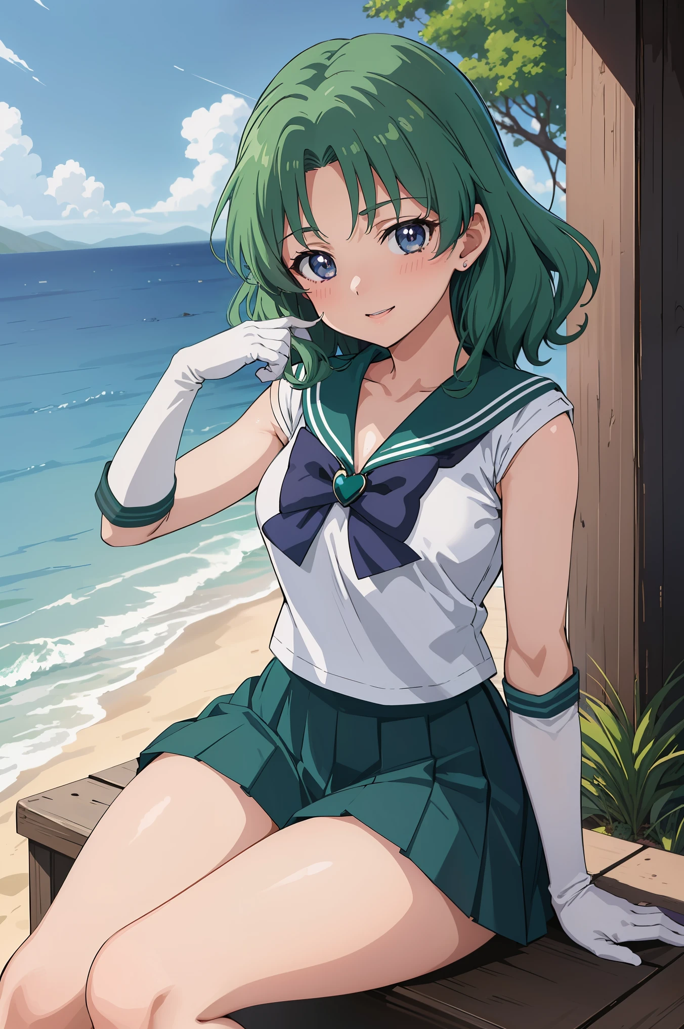(anime:1.4), highest quality, masterpiece,Cowboy Shot,
One girl, Sailor Neptune, Mature Woman, Old age,Medium chest, Aqua Eye, Dark green hair, Medium Hair, (Sailor Warrior Uniforms:1.2), Buck Bow, White elbow gloves, Pleated skirt, View your viewers,blush, smile,Sitting