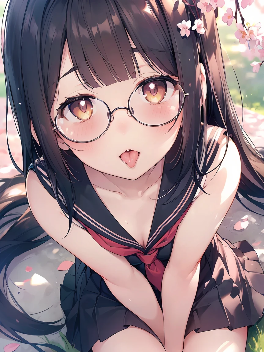 Very detailed, highest quality, High resolution, Moe Anime, ((Cute girl with black hair and droopy eyes)), ((Wearing large round glasses:1.4)), (Baby Face), Cute eyes, Detailed eye depiction, Sparkle in the eyes, View your viewers, Pale skin, (Big eyes:1.4, Droopy eyes:1.4, Fatty face:1.4), smile, Focus on the face, In the park with cherry blossoms falling, Sitting, (Extreme close up of tongue), (((From above))), Open your mouth, (((Face only:1.3))), ((Sleeveless sailor suit)), Bright Eyes, Light from the front, (Put your hands between your legs:1.4), large and long tongue, Cleavage