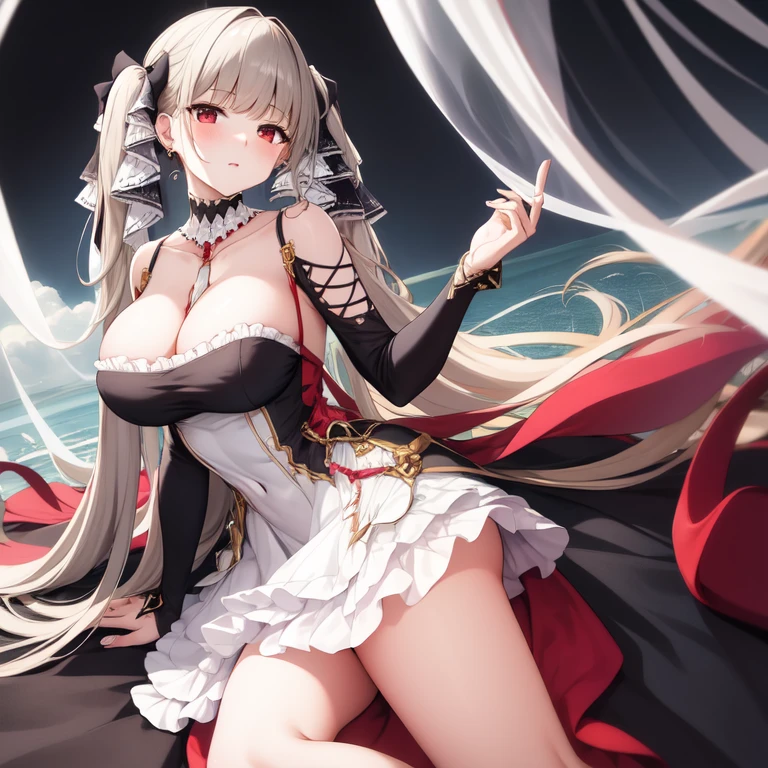 (masterpiece, best quality1.2),illustration,8k,hd,1girls,solo,hand up,(portrait:1.2),long_hair,large_breasts,red_eyes,very_long_hair,bangs,twintails,ribbon,grey_hair,cleavage,hair_ribbon,two-tone_ribbon,between_breasts,black_dress,dress,frills,bare_shoulders,frilled_dress,long_sleeves,two-tone_dress,jewelry,earrings,