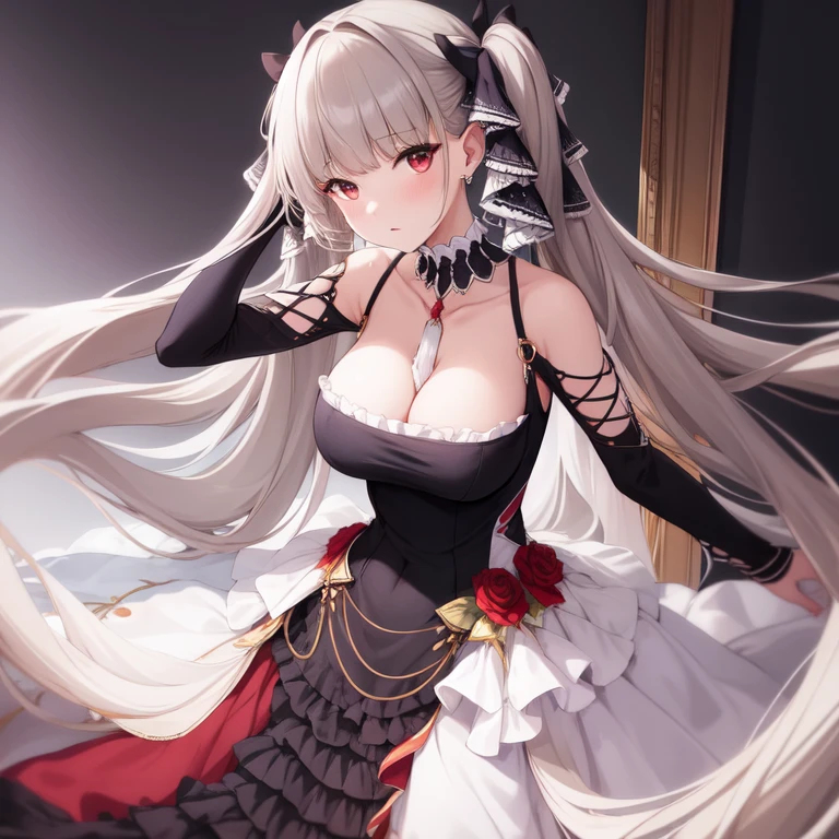 (masterpiece, best quality1.2),illustration,8k,hd,1girls,solo,hand up,(portrait:1.2),long_hair,large_breasts,red_eyes,very_long_hair,bangs,twintails,ribbon,grey_hair,cleavage,hair_ribbon,two-tone_ribbon,between_breasts,black_dress,dress,frills,bare_shoulders,frilled_dress,long_sleeves,two-tone_dress,jewelry,earrings,