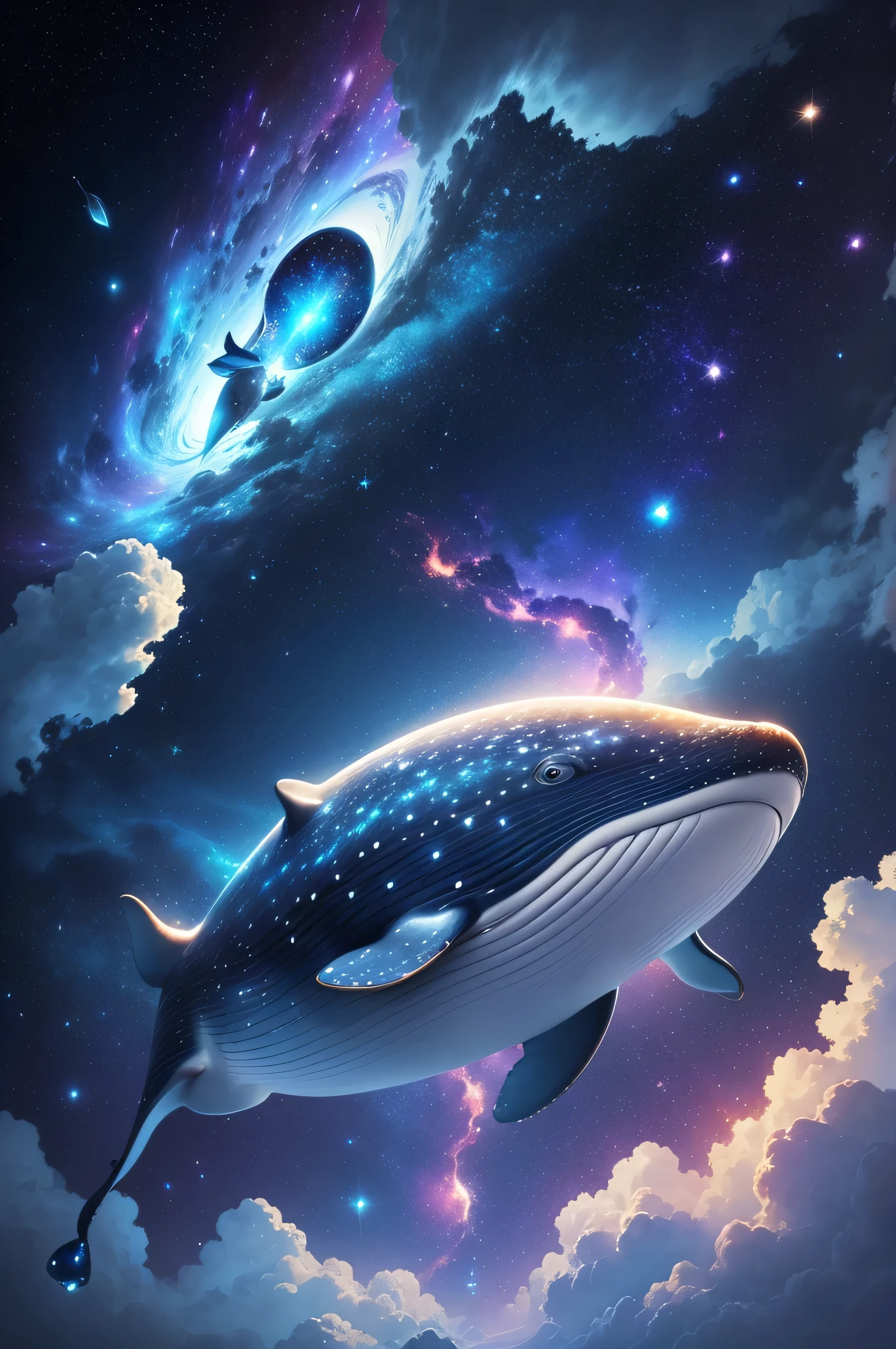 animations of a whale in the middle of a galaxy like background, galaxy whale, space magical whale, space whale, whale, glimmering whale, sky whales, flying whale, whales, inspired by Cyril Rolando, flying whales, blue whale, surreal space, floatiung in front of a nebula, floating across the cosmic ocean, in the cosmo