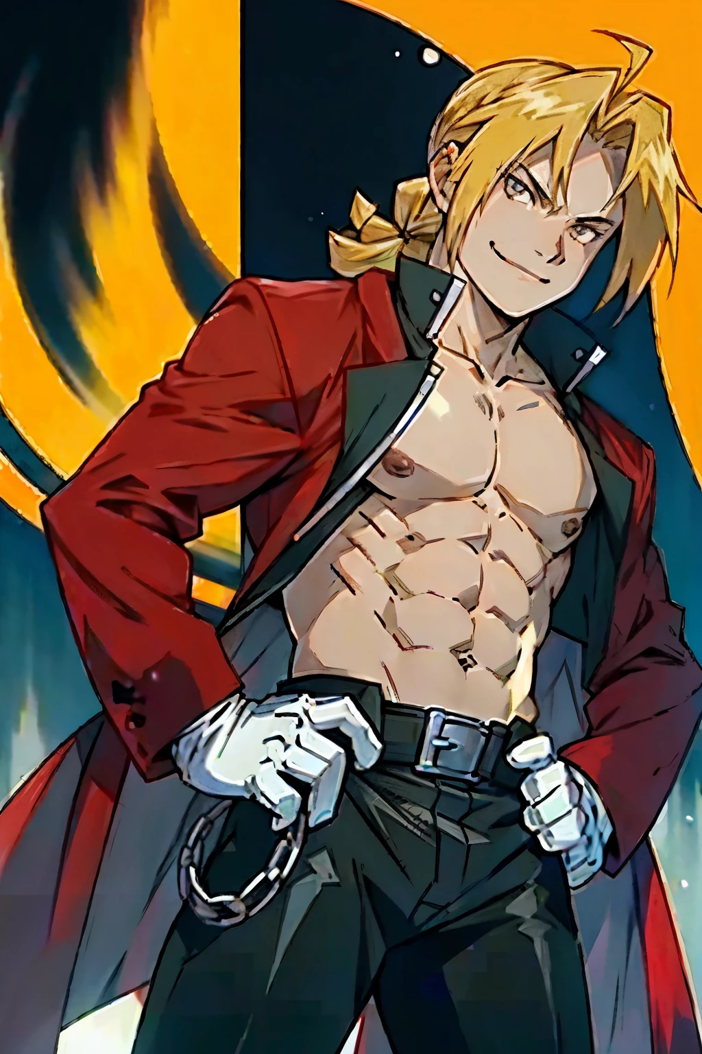 Edward Elric from Fullmetal Alchemist, wearing black jacket, automail right arm, smug smile, hands on hips, defined body, shirtless, abs, white gloves