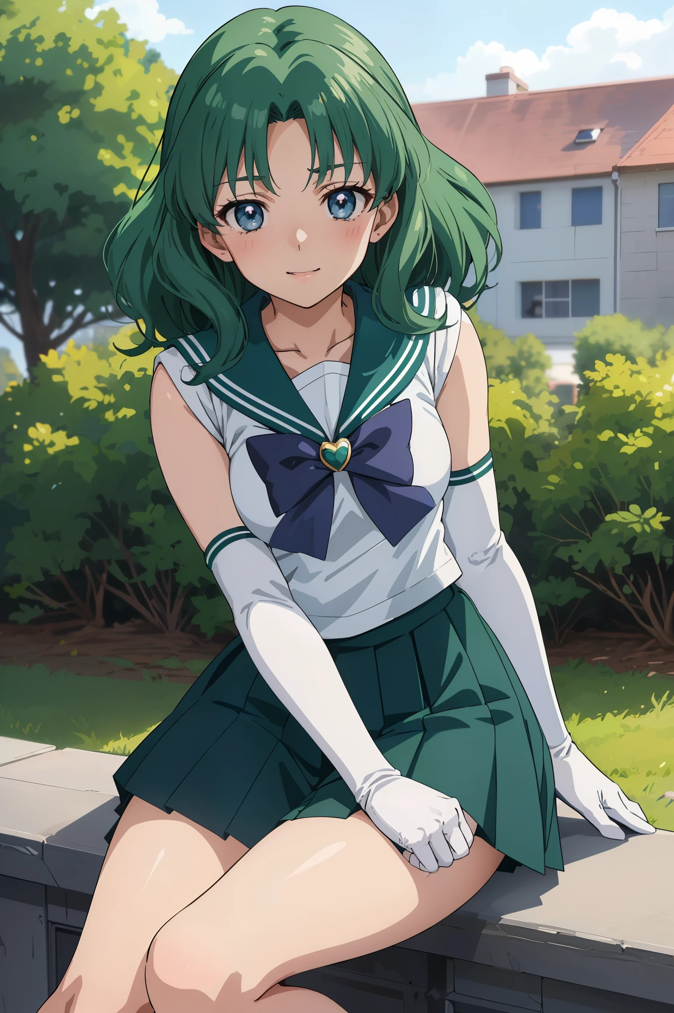 (anime:1.4), highest quality, masterpiece,Cowboy Shot,
One girl, Sailor Neptune, Mature Woman, Old age,Medium chest, Aqua Eye, Dark green hair, Medium Hair, (Sailor Warrior Uniforms:1.2), Buck Bow, White elbow gloves, Pleated skirt, View your viewers,blush, smile,Sitting