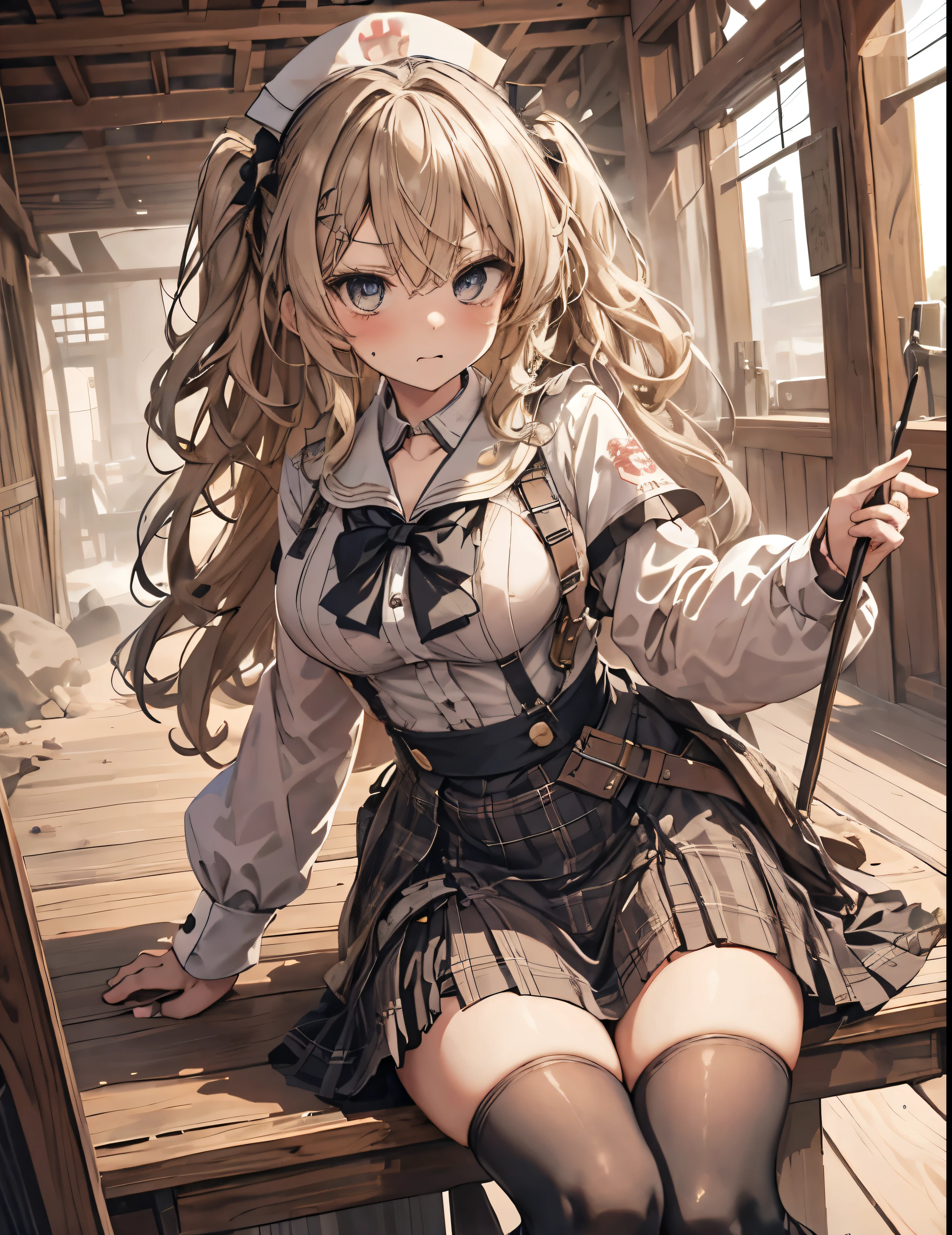 masterpiece, 1girl, sparrow, a blonde haired girl, wearing a sailor clothes, straight long hair, messy hair, slim body, he close her left eye, shirt ornament, ruby eyes, ahoge, , bige breast, beautiful breasts, rounded breasts, long sleeves, beautiful eyes, white stocking, droopy eyes, skirt, black skirt, plaid skirt, her age is 19 years old, ricefield, bowtie, sailor collar, flared skirt, tight shirt, skirt, nagisa_bluearchive, angry face, medium hair, angry face, curly hair, nurse cap, sit