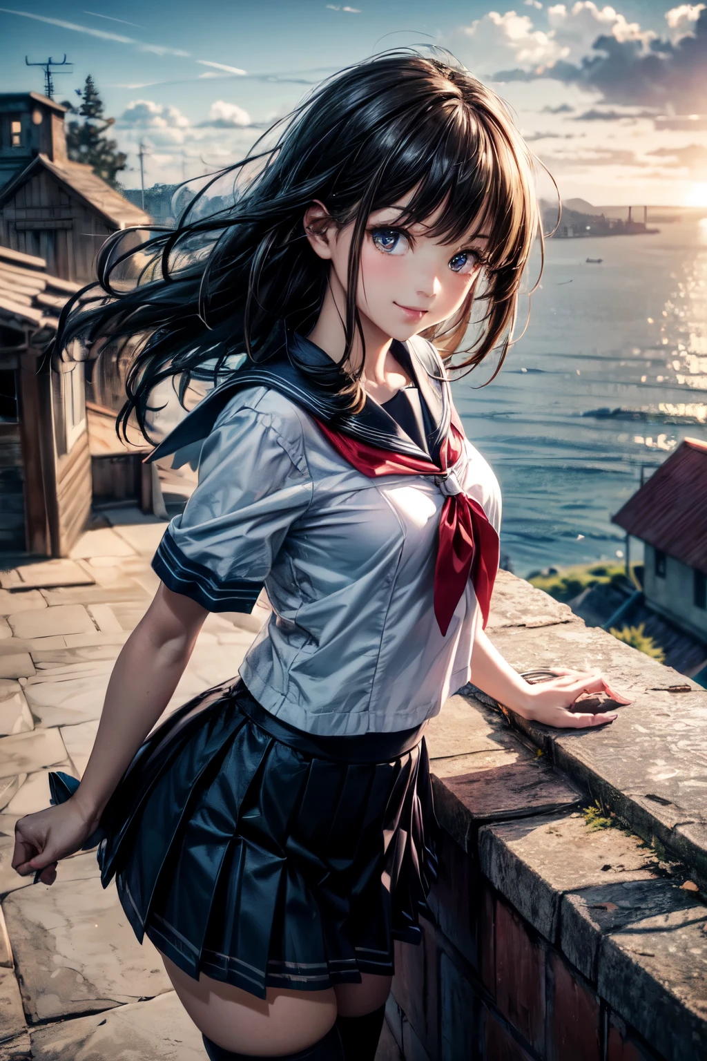 very cute and beautiful school girl viewing sea on hilltop,(highly detailed beautiful face),
(smile),cowboy shot,(sailor ,pleated navy blue mini skirt),black hair,zettai ryouiki,
(looking at sea,from top of hill),many houses with red roof,detailed landscape,
(best quality,masterpiece),absurdres,highres,ultra-detailed,extremely detailed,32k,8k resolution,
intricate details,cinematic scene,detailed background,solo,dynamic angle,
natural lighting,hair fluttering in the wind,beautiful detailed sky,