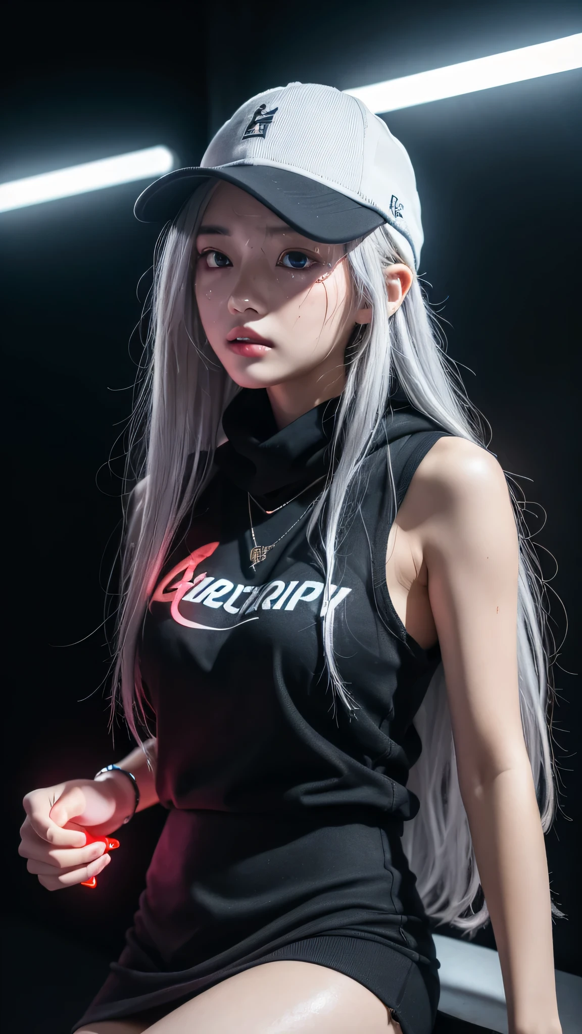 最high quality、Best image quality、masterpiece、girl((American、18-year-old、 By becoming、Best Bust、Medium Bust,Wide open breast tea、Red glowing eyes,Silver Hair、Disheveled Hair、Long Hair、thin,The highest valley、Luminous Wristbands、hat、hair ornaments、luminous necklace、Black sleeveless hoodie(1:2)、Blue short skirt、Disheveled clothing、Show the whole body,Low - Angle、Hacker-like、sweating、lure、Leaning against a wall、Black scarf、Have a smartphone、)),high quality、Beautiful art、background((Black Wall、Black Room、Black bed、Black TV、Black chair))、Flight、Flying debris、Written boundary depth、movie、Visual Arts、Perfect art、8K,Genuine,
