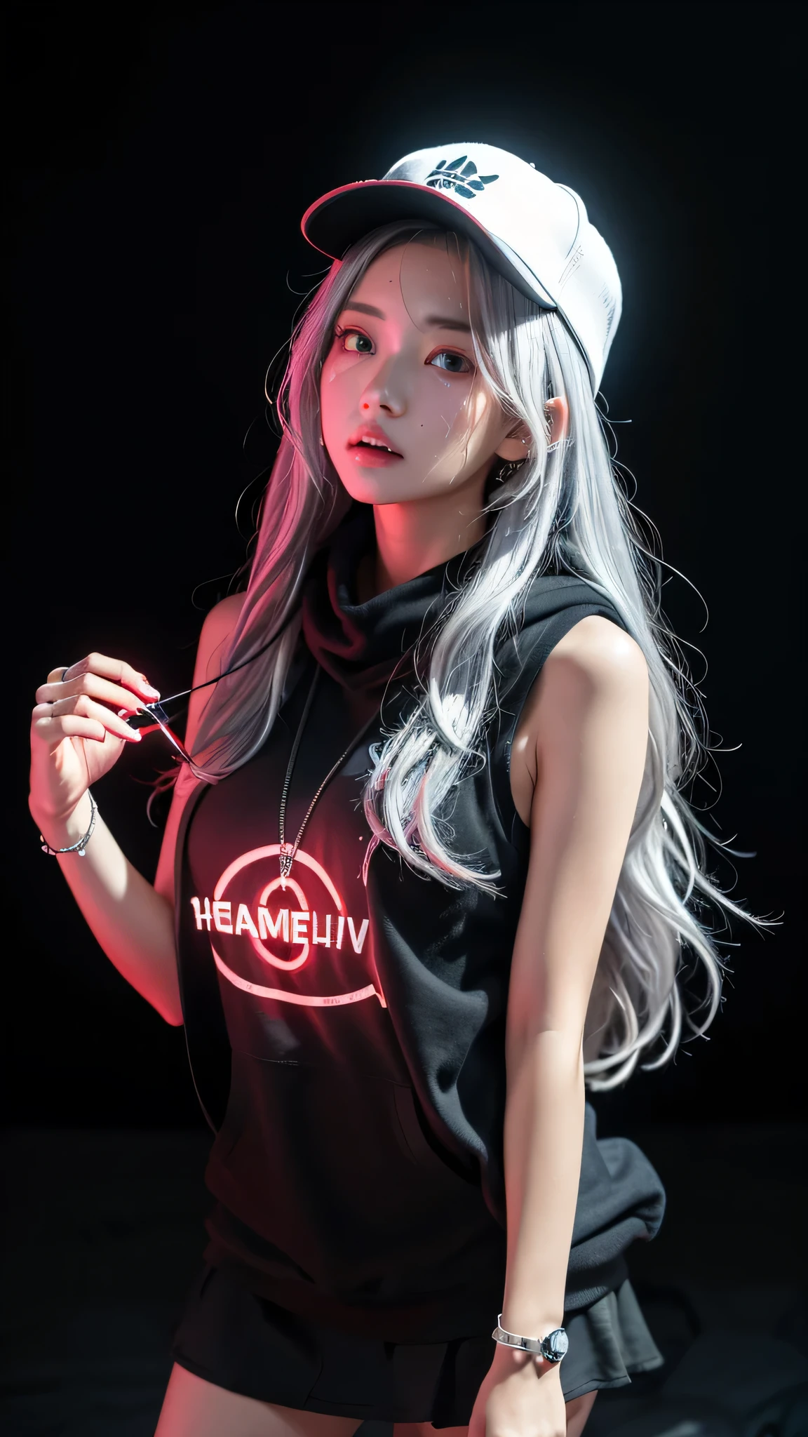 最high quality、Best image quality、masterpiece、girl((American、18-year-old、 By becoming、Best Bust、Medium Bust,Wide open breast tea、Red glowing eyes,Silver Hair、Disheveled Hair、Long Hair、thin,The highest valley、Luminous Wristbands、hat、hair ornaments、luminous necklace、Black sleeveless hoodie(1:2)、Blue short skirt、Disheveled clothing、Show the whole body,Low - Angle、Hacker-like、sweating、lure、Leaning against a wall、Black scarf、Have a smartphone、)),high quality、Beautiful art、background((Black Wall、Black Room、Black bed、Black TV、Black chair))、Flight、Flying debris、Written boundary depth、movie、Visual Arts、Perfect art、8K,Genuine,