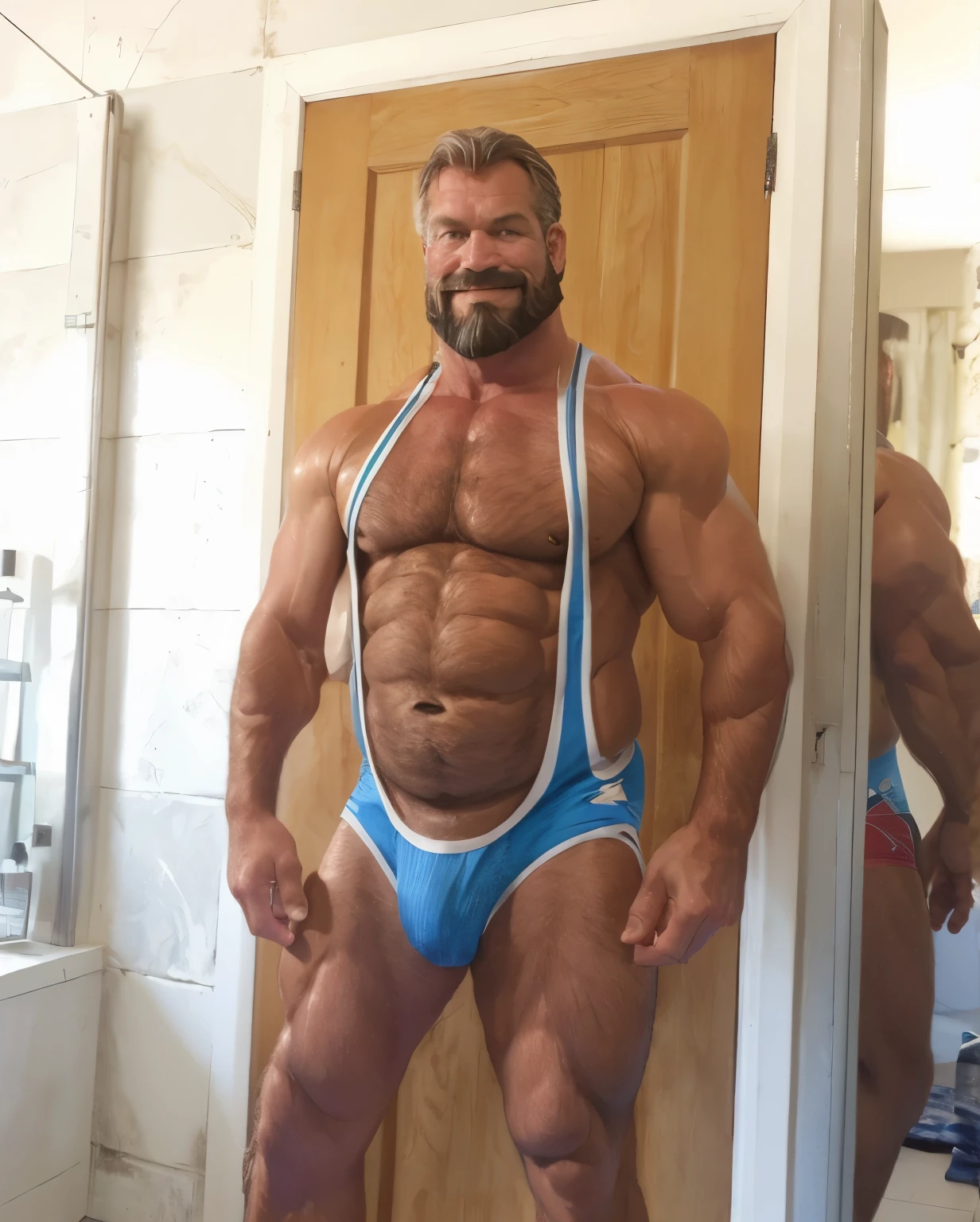 (handsome mature man), (in his 50s), white man, wearing a wrestling singlet , nice bulge, (beefy:1.3), beard, looking at viewer, beautiful man, detailed eyes, symmetric face, smirk, robust,