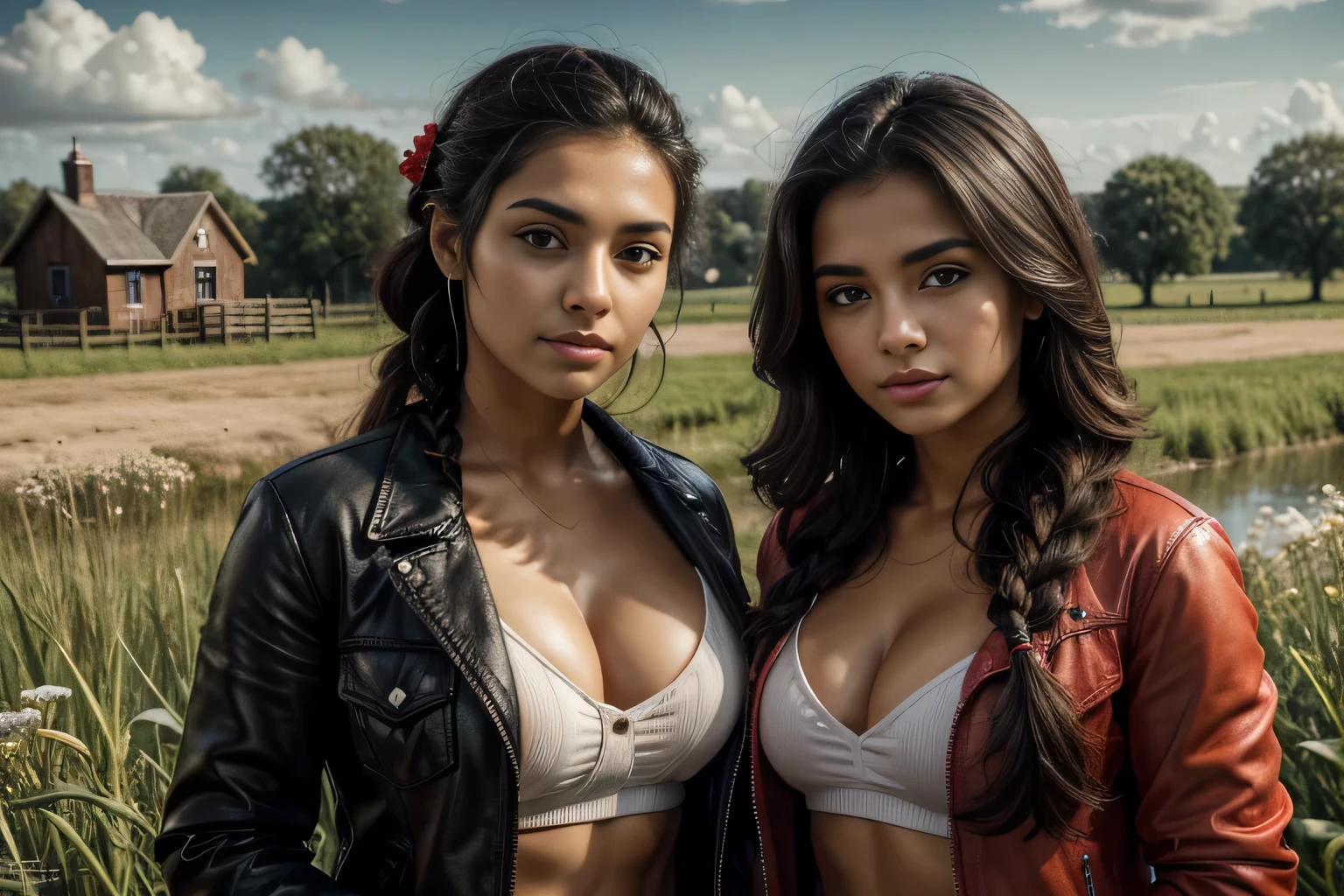 Best quality, masterpiece, Beautiful, 2 young latina women, looking straight at viewer, wearing simple open shirt, open black and red jacket on top, posing on grassfield, professionalism, age, detailed face, detailed body, symmetric face, big cute eyes, cute happy face, dynamic pose, deep cleavage, perfect anatomy, photorealistic, curvy body, braid hair, 8k, ultra realistic, widescreen desktop wallpaper, small farmhouse background, waterland, ambient occlusion
