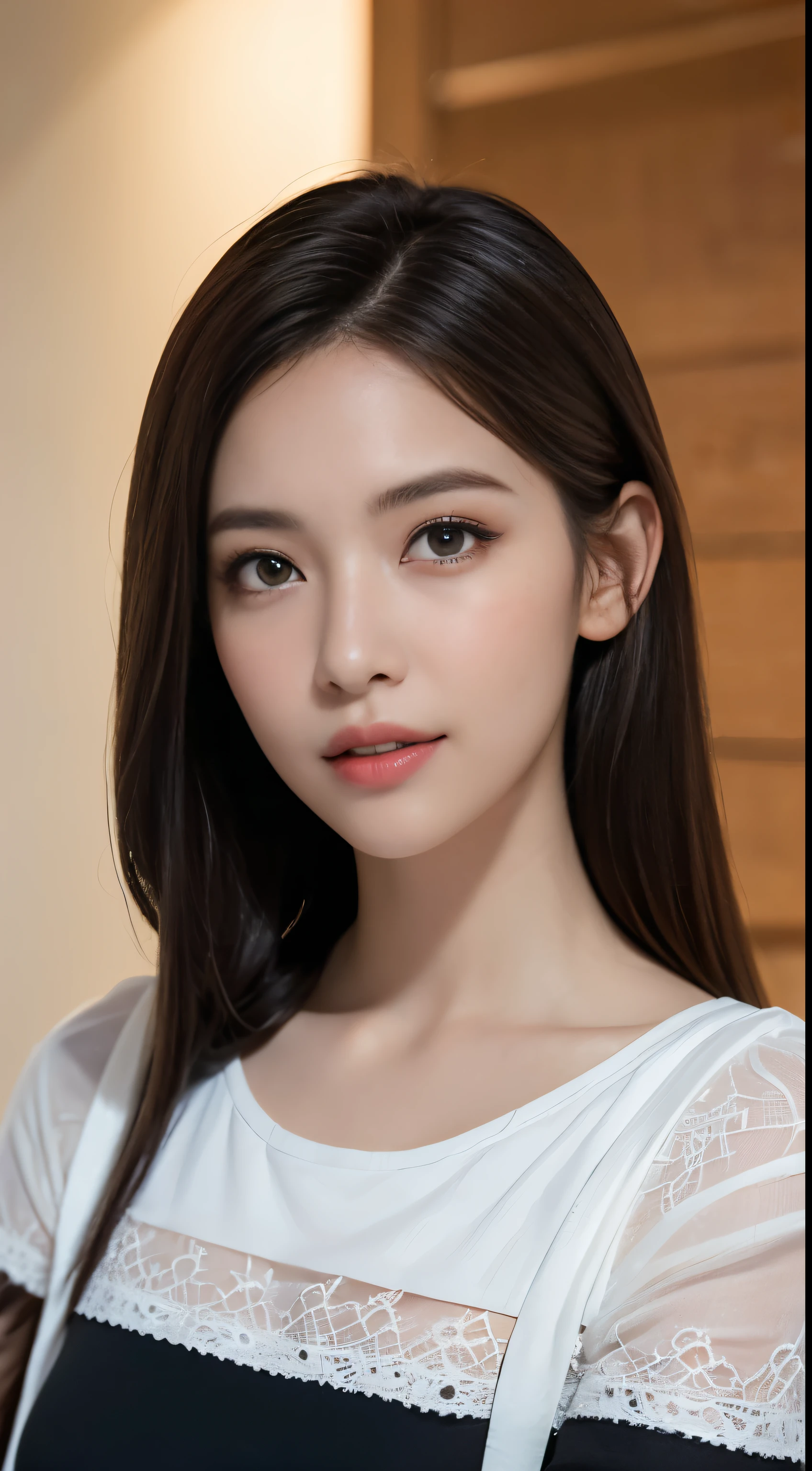 (a girl,beautiful detailed eyes,beautiful detailed lips,extremely detailed eyes and face,long eyelashes,smooth skin,white teeth,dimpled smile,black hair flowing to the chest,white fair skin,wearing a white short-sleeved top,tall and slender)⇒
(best quality,4k,8k,highres,masterpiece:1.2),ultra-detailed,(realistic,photorealistic,photo-realistic:1.37),HDR,UHD,studio lighting,ultra-fine painting,sharp focus,physically-based rendering,professional,vivid colors,bokeh,portraits