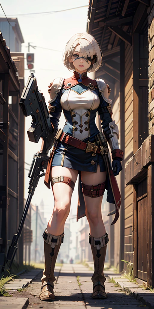 (SFW VERSION) perfect ONE eye, perfect face, perfect lighting, 1girl, mature whsororitas with a laser rifle in her hands, eyepatch over one eye, eyepatch, short white hair cut, warhammer 40k, wearing power armor, standing straight symmetrical looking to the viewer, view from below, wide hips, thicc, skull decoration on knees, military boots bootstraps, legs together but not crossing