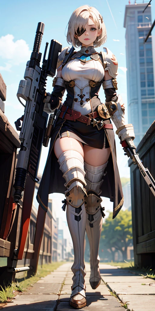 (SFW VERSION) perfect ONE eye, perfect face, perfect lighting, 1girl, mature whsororitas with a laser rifle in her hands, eyepatch over one eye, eyepatch, short white hair cut, warhammer 40k, wearing power armor, standing straight symmetrical looking to the viewer, view from below, wide hips, thicc, skull decoration on knees, military boots bootstraps, legs together but not crossing