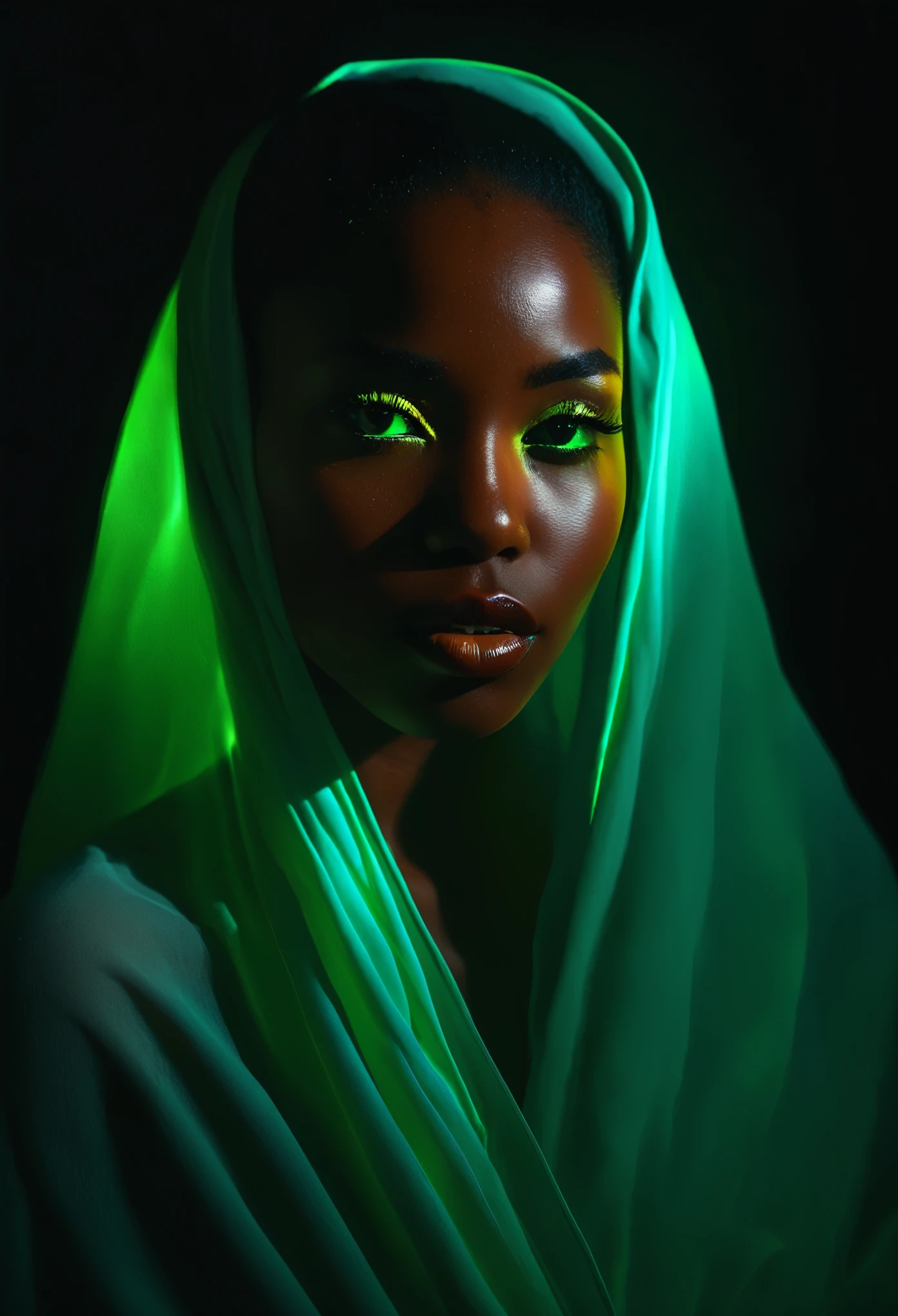 young, stunning black woman is enveloped in dim, moody lighting, punctuated by bright, fluorescent accents, creating a sense of mystery and unease