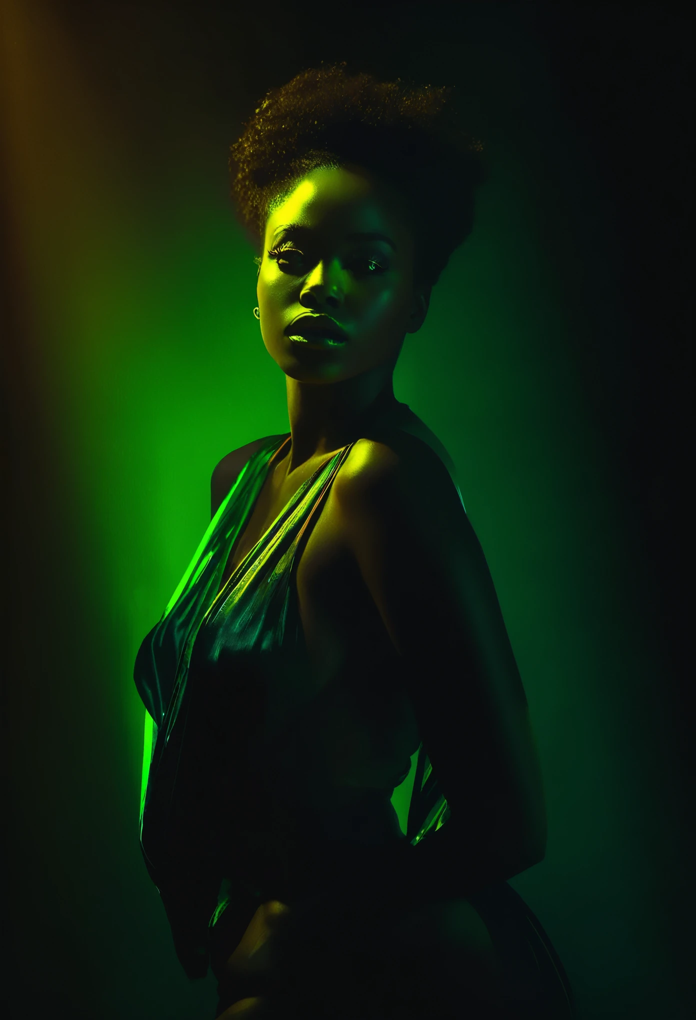 young, stunning black woman is enveloped in dim, moody lighting, punctuated by bright, fluorescent accents, creating a sense of mystery and unease