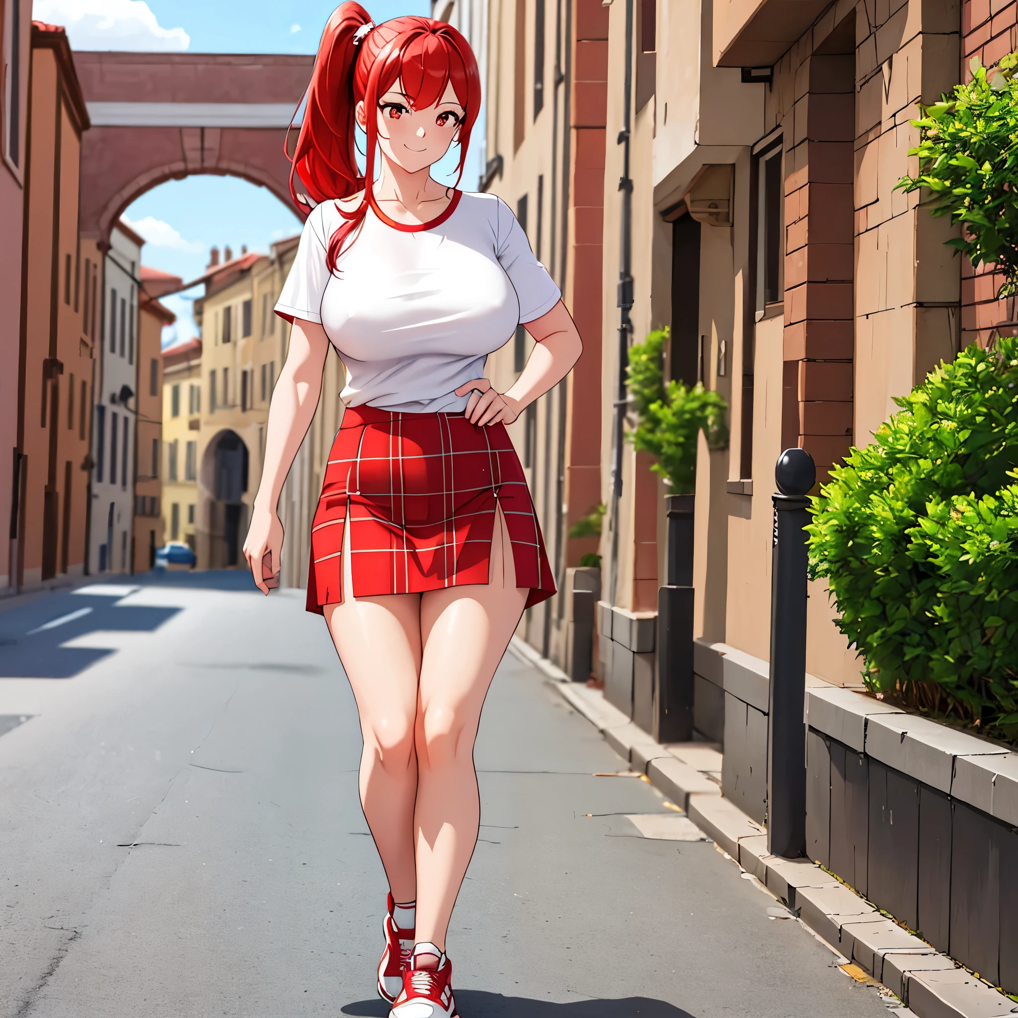 a woman wearing a red plaid open t-shirt, white shirt, red skirt, sports shoes, red hair, ponytail hair, orange eyes, big breasts, smiling, walking on a promenade in a traditional Roman city, daytime location,(woman solo), HDR, ultra resolution, sharp, masterpiece, 8K HD

