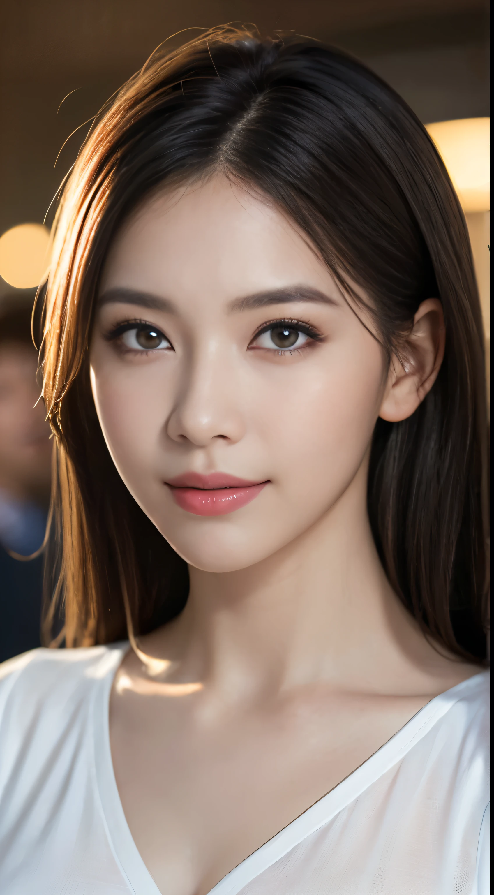 (a girl,beautiful detailed eyes,beautiful detailed lips,extremely detailed eyes and face,long eyelashes,smooth skin,white teeth,dimpled smile,black hair flowing to the chest,white fair skin,wearing a white short-sleeved top,tall and slender)⇒
(best quality,4k,8k,highres,masterpiece:1.2),ultra-detailed,(realistic,photorealistic,photo-realistic:1.37),HDR,UHD,studio lighting,ultra-fine painting,sharp focus,physically-based rendering,professional,vivid colors,bokeh,portraits