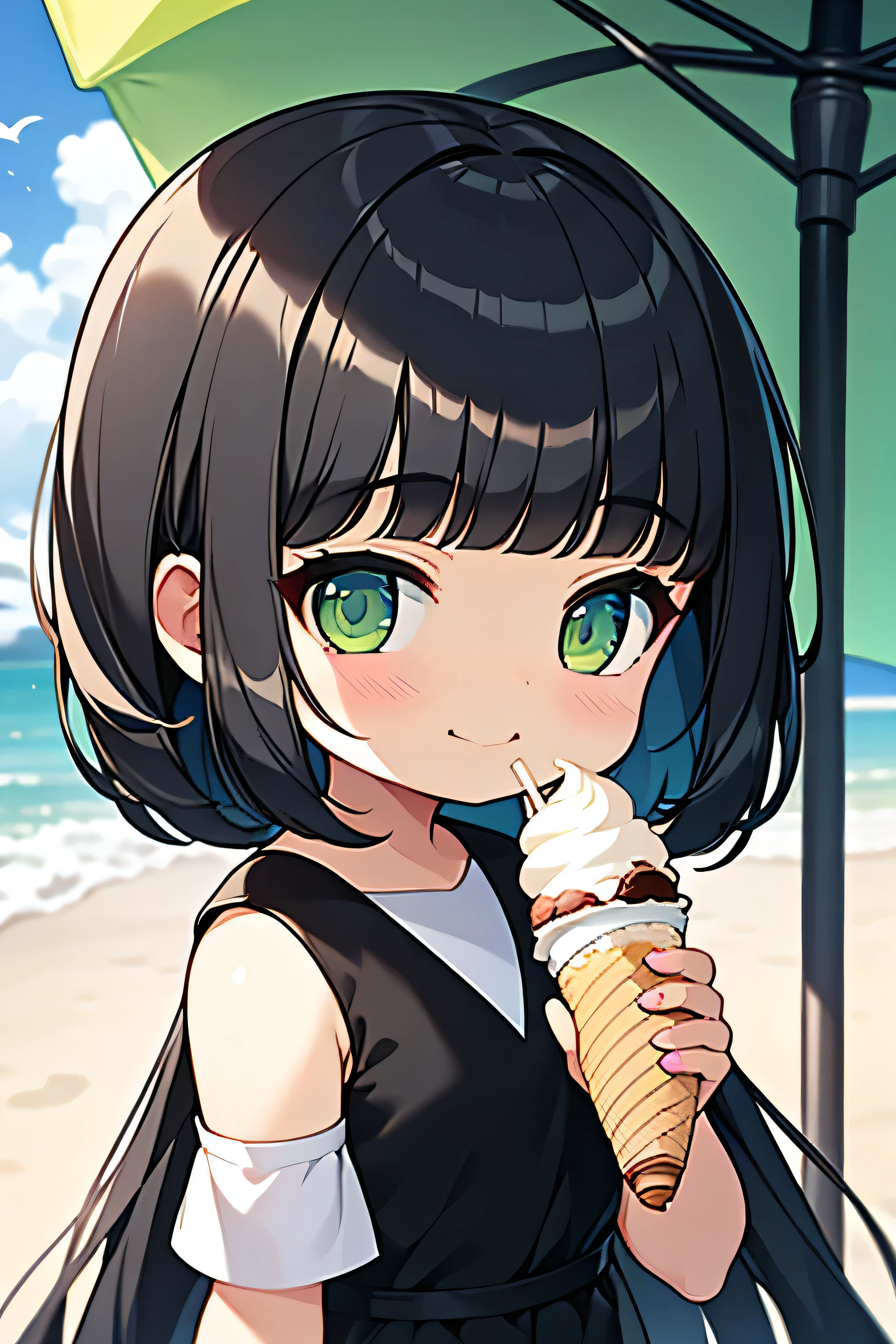 (Masterpiece),8k,Upper body,close,Front view,3 year old girl,Adorable,(Long black hair:1.5),Bright green eyes,With bangs,smile, Eating soft serve ice cream、Summer beach、Beach parasol, During the day,