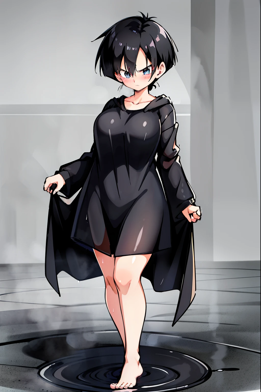 black long raincoat,blush,Black Hair,Serious face,blue eyes,Are standing,Large Breasts,Boyish Hairstyles,short hair,walk,Videl,barefoot,rain,fog,cloudy,Wet,Wearing a black hood,forest,