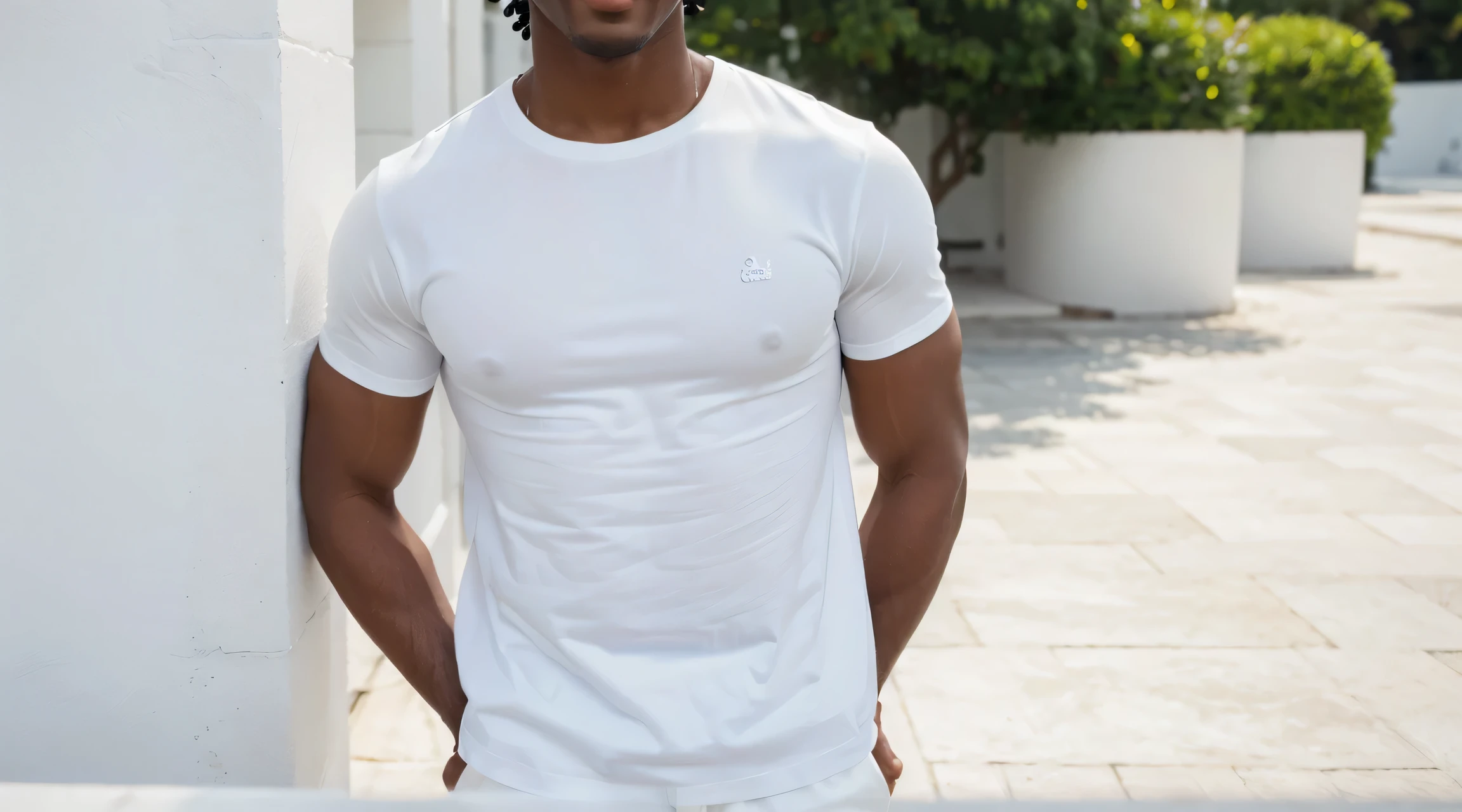 ((best quality)), ((masterpiece)), (detailed), perfect face, a black guy in white pants and a white t - shirt stands with his arms crossed, white pants, wearing white clothes, man in white t - shirt, all white, wearing pants and a t-shirt, dressed in a white t-shirt, dressed in a white t shirt, white clothes, casual white garment, white trendy clothes, white clothing, in white clothes, ((Man Body)), (((Full body photo))), (Shooting from the side), (Looking at the camera), Smiling expression.