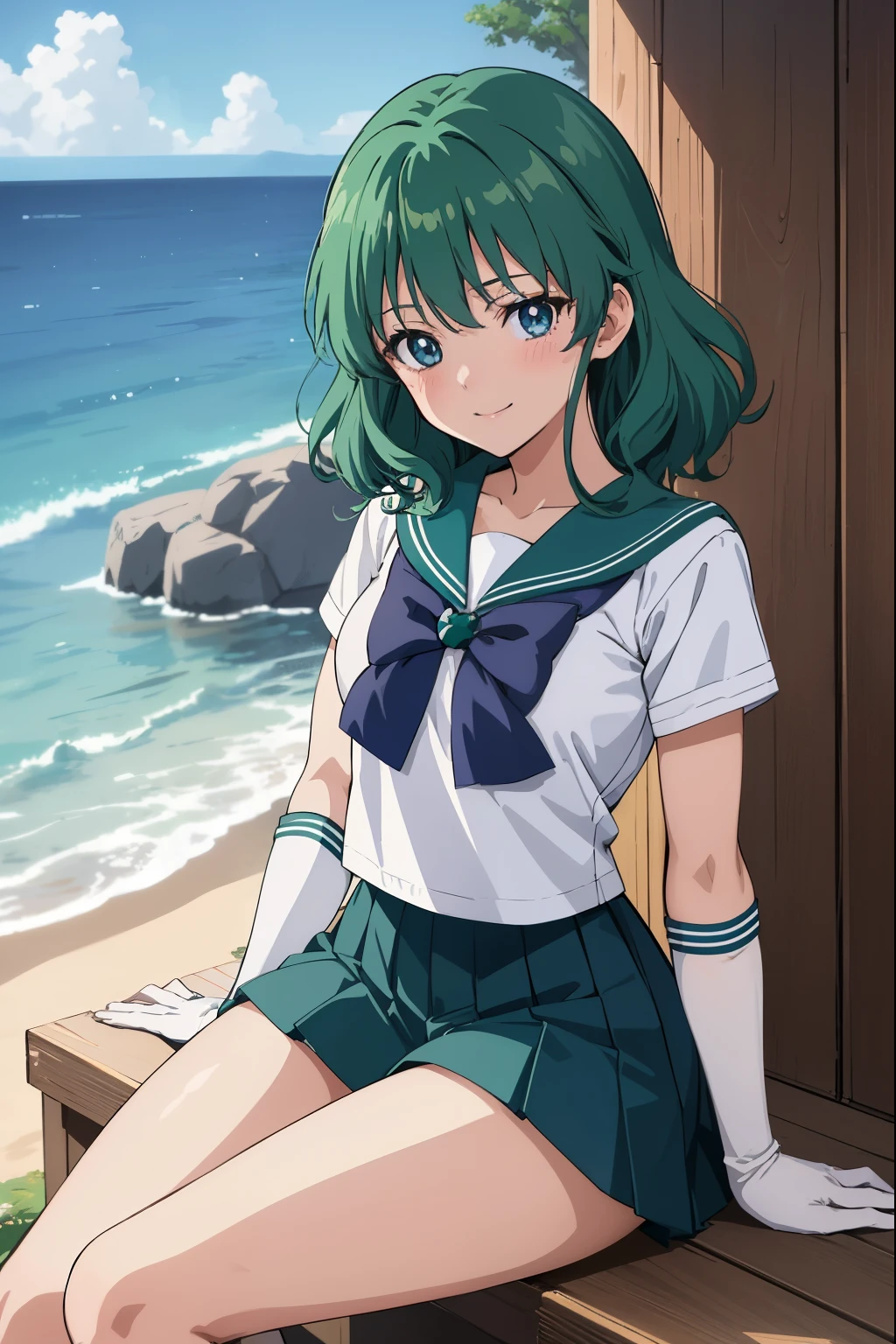(anime:1.4), highest quality, masterpiece,Cowboy Shot,spread legs、show white panties,
One girl, Sailor Neptune, Mature Woman, Old age,Medium chest, Aqua Eye, Dark green hair, Medium Hair, (Sailor Warrior Uniforms:1.2), Buck Bow, White elbow gloves, Pleated skirt, View your viewers,blush, smile,Sitting