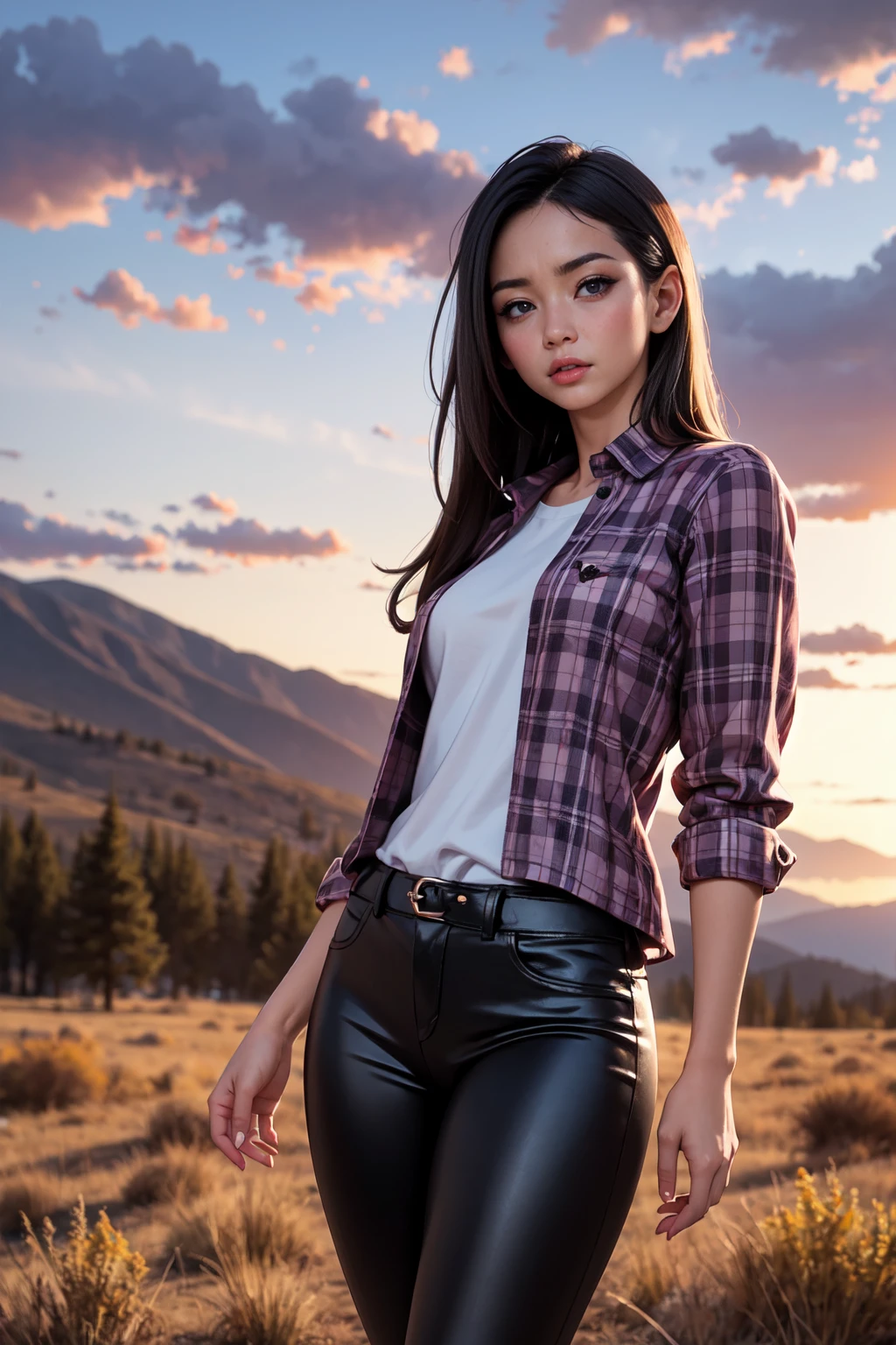 photorealistic style of a brunette with long hair in black leather pants and a plaid shirt against the backdrop of the Colorado Wild West landscape at sunset