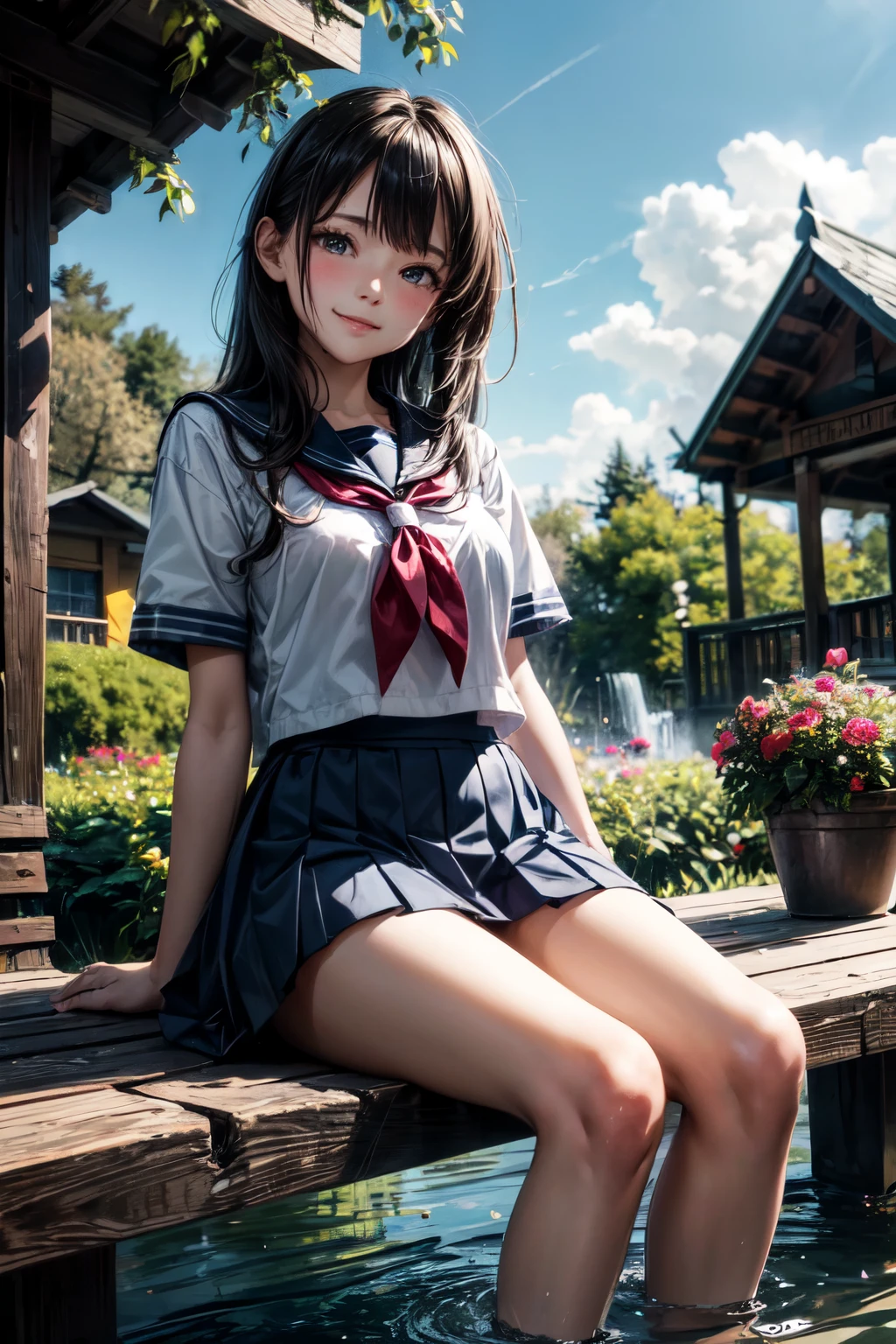 very cute and beautiful school girl,(highly detailed beautiful face),
(smile),looking at viewer,black hair,(sailor school uniform),(pleated navy blue mini skirt),
sitting on wooden bench in elegant gazebo,flower garden,water fountain,forest,
(best quality,masterpiece),absurdres,highres,ultra-detailed,extremely detailed,32k,8k resolution,
intricate details,cinematic scene,detailed background,solo,dynamic angle,
hair fluttering in the wind,beautiful detailed sky,