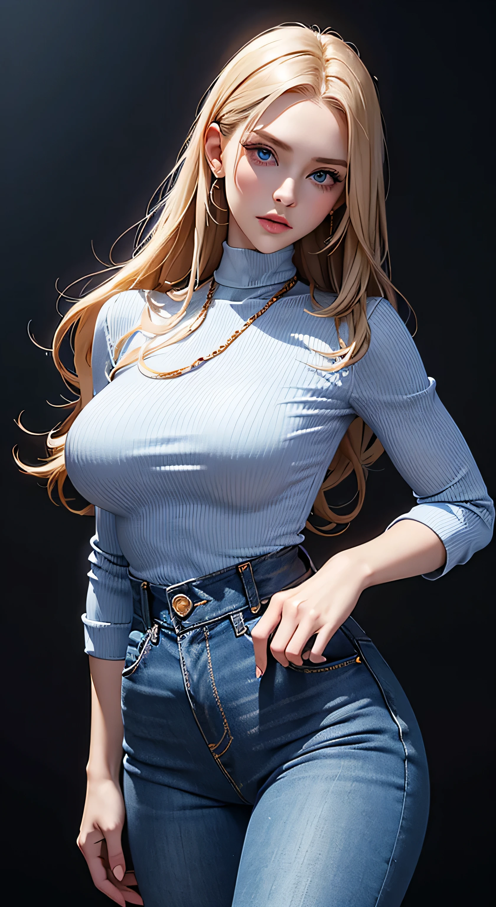 russian beautiful girl in high neck, fit highneck, medium breast, beautiful blue eyes, black jeans, denim jeans, high waist jeans, high waist, jeans, puffy breast, white highneck, golden chain in neck, dark blue plan jeans, medium breast