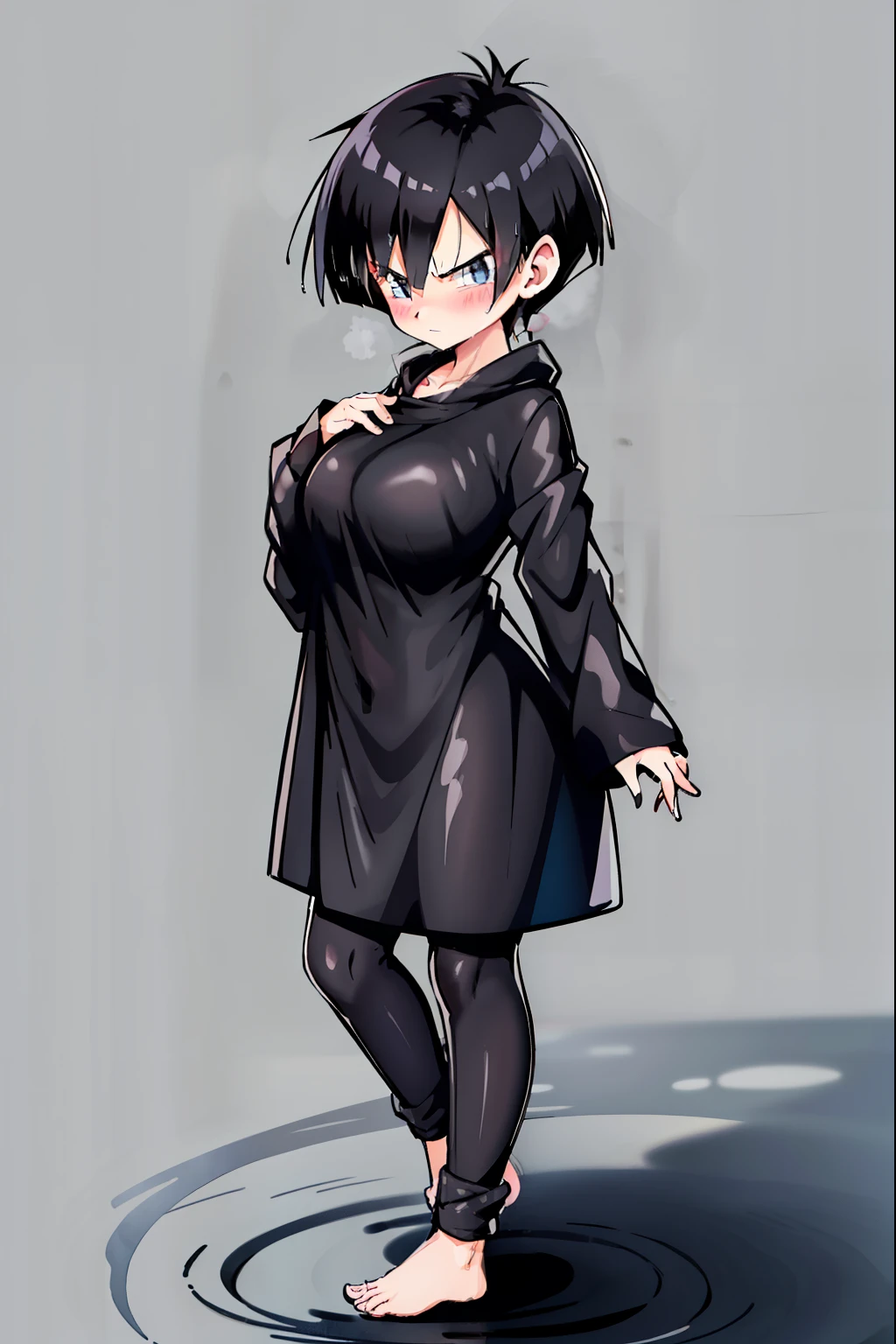 black long raincoat,blush,Black Hair,Serious face,blue eyes,Are standing,Large Breasts,Boyish Hairstyles,short hair,walk,Videl,barefoot,rain,fog,cloudy,Wet,Wearing a black hood,forest,