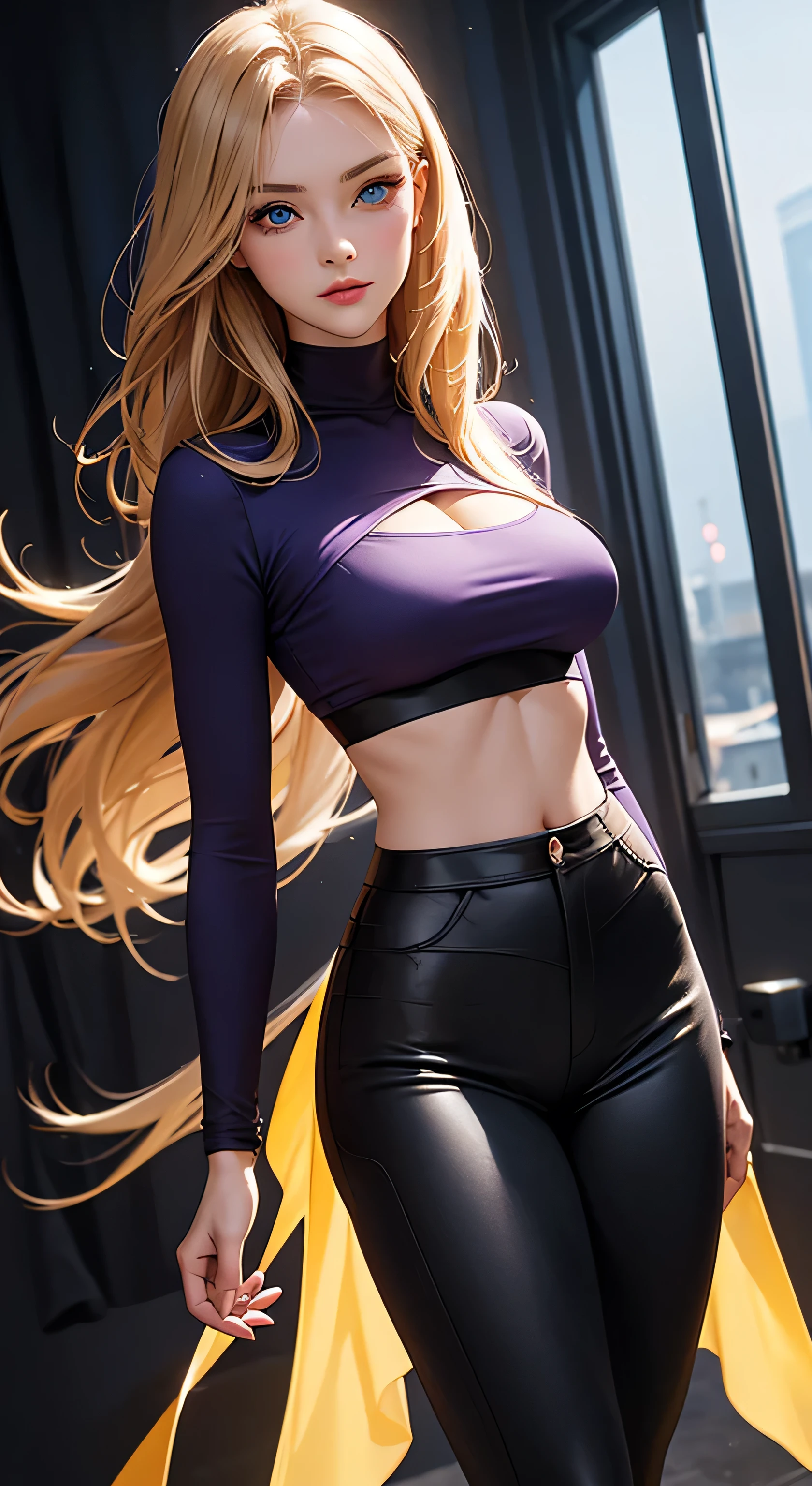 russian beautiful girl in golden and dark purple top and small cleavage line, medium breast, beautiful blue eyes, black jeggings, puffy , medium , high waist, jecking, little waist visible, high waist black jeggings