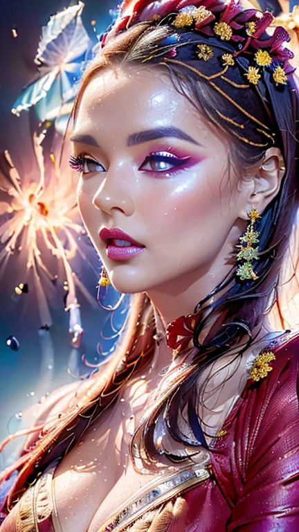 (masterpiece, top quality, best quality, official art, beautiful and aesthetic:1.2), (1girl:1.3), extremely detailed,(fractal art:1.1),(colorful:1.1)(flowers:1.3),highest detailed,(zentangle:1.2), (dynamic pose), (abstract background:1.3), (shiny skin), (many colors:1.4), ,(earrings), (feathers:1.5) , (Flamethrower:1.3),red background,Phoenix dress,