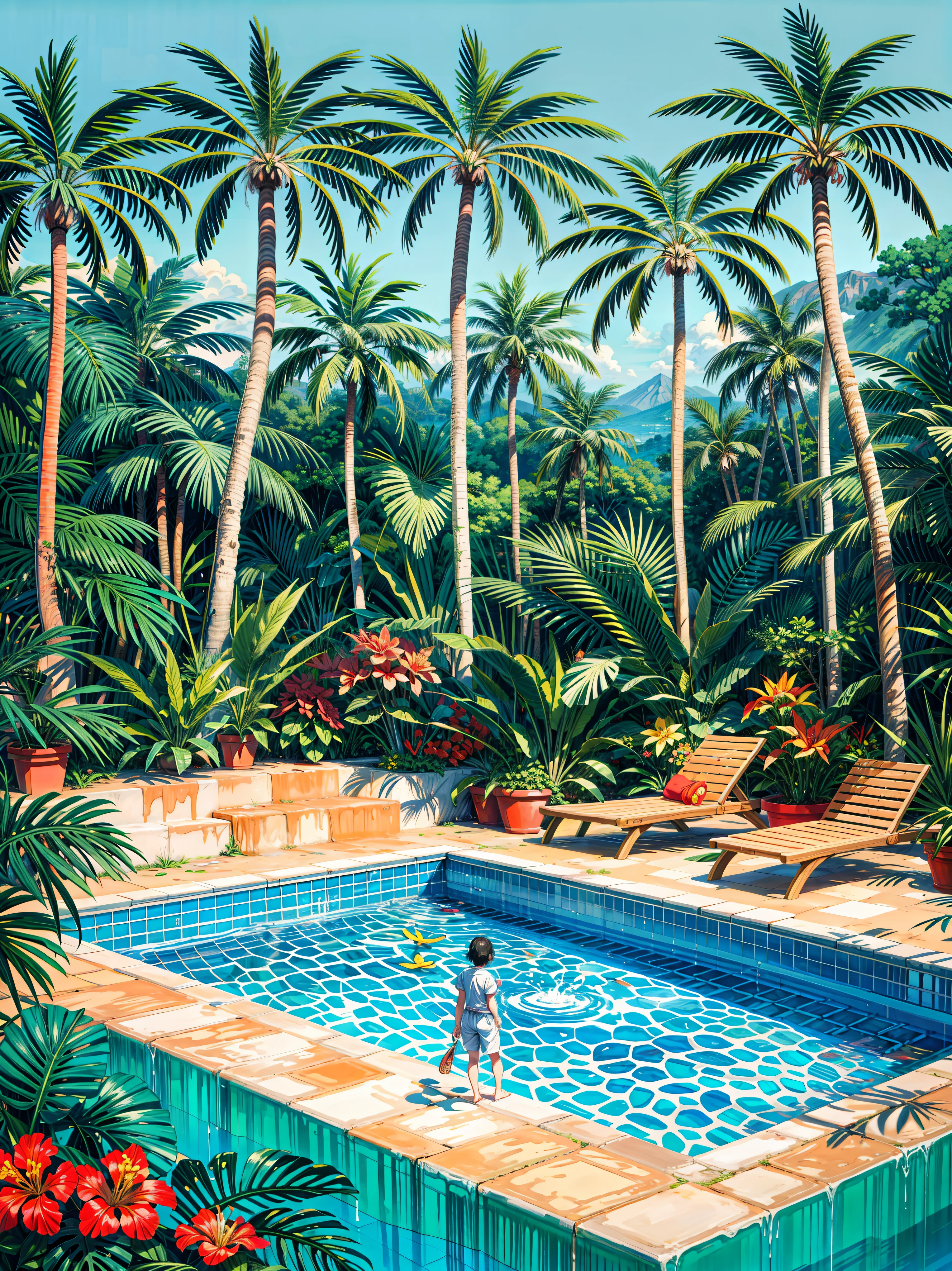a painting of a swimming pool surrounded by palm trees, by Howard Arkley, by Hiroshi Nagai, by Edward Okuń, by John Wonnacott, by David Hockney, tropicalism, very detailed paradise, tropical setting, shusei nagaoka, hot and sunny highly-detailed, inspired by Howard Arkley, by Bob Thompson, tropical pool, 4k hd, beautiful art uhd 4 k, a beautiful artwork illustration, beautiful digital painting, highly detailed digital painting, beautiful digital artwork, detailed painting 4 k, very detailed digital painting, rich picturesque colors, gorgeous digital painting