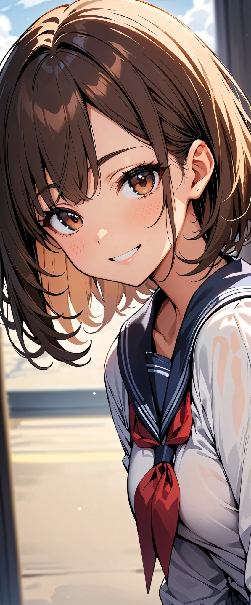 Smiling Over the Shoulder, turn around, Freshness, 1 female, Brown Hair, Short Bob Hair, Sexy Women, Staring, Background blur, Shallow depth of field, masterpiece:1.2, super high quality, high resolution, Face Up Shot, Sailor suit.