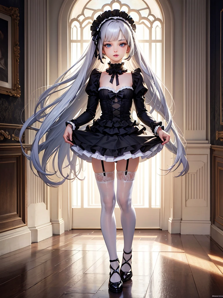 highest quality,In 8K,High resolution,((master piece:1.2)),(Photoreal:1.4), (masterpiece, side light, exquisite beautiful eyes: 1.2), masterpieceportrait, realistic, 3D face, shining eyes, shiny hair, Glossy skin,alone,full body portrait,standing position,A very beautiful and cute girl,attractive oval face,double eyelid,deep blue eyes,rosy lips,small nose,bright silver hair,straight long hair,slender body,small breasts,blacc lolita style dress(f luxurious frills and delicate lace),panniers,white stockings,garter belt