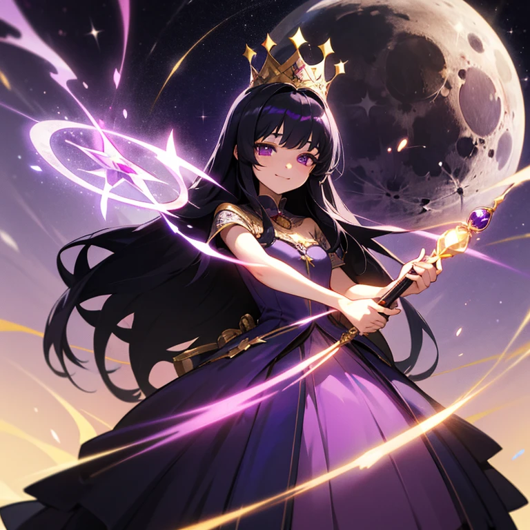 1 girl, , Black Hair, Long Hair, Straight hair, Gold crown, Purple eyes, Purple Dress, European style, Iridescent Gemstones, moonの飾り, smile, Queen, Holding a magic wand, Use magic, kind, kind, beautiful, night, moon, Attention to detail, High resolution, high quality