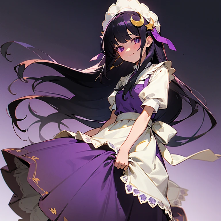 1 girl, 13 years old, student, Black Hair, long hair, Golden(small)Crescent(hair ornaments), Purple eyes, Private Server, (White)Lace blouse, Purple long skirt, (White)Apron skirt, pharmacist, Kanban Lady, poor, simple, Sober, Villager, smile, upright, front, Simple Background, High resolution, high quality, No text, No frame, No decoration