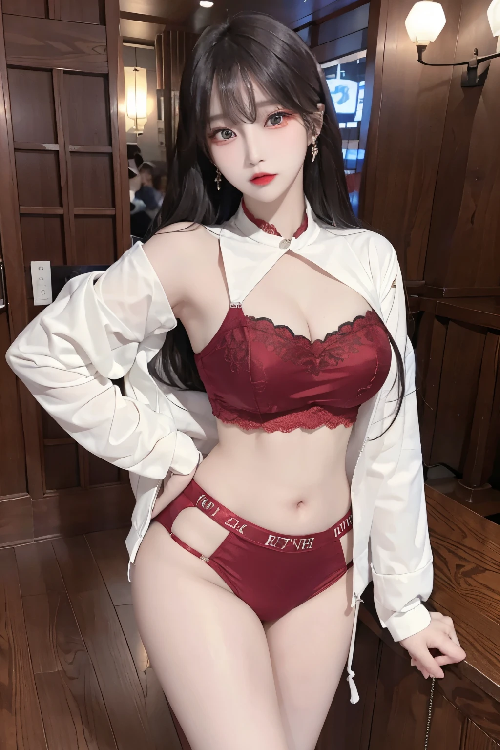Top image quality、Raw photography、A high resolution、20-year-old cool Korean、big round chest、silk jacket、sexy red lace underwear、Beautiful Eyes of Details、very elongated eyes、Beautiful eyelashes、Beautiful double eyelids、eyeshadows、long legs,medium thighs, beautiful eyes finely detailed、elongated eyes、long eyeslashes、Beautiful double eyelids、eyeshadows、earrings、shiny skin、 1 girl, solo,