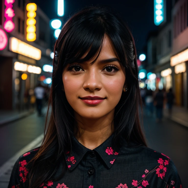 1girl, Cabello largo y rosado, cuernos rojos, Camisa de cuello blanco, corbata negra, sonrisa ligera, ojos amarillos, Corneo_Poder,, Edificios,tiendas,Calles de la ciudad, cielo oscuro, paisaje,neon signs,Ciudad Nocturna, Letras japonesas,, , absurdos, ojos detallados, extremadamente detallado, volumetric illumination, realista, realistic lighting, 8k, cinematic lighting, Profundidad de campo, Perfecto, hiperdetallado, fotorrealista, ultra realista, Luz realista, hard lighting, Detalles intrincados, Stop Motion, mapeo de tonos, sharp focus, hiper detallado,