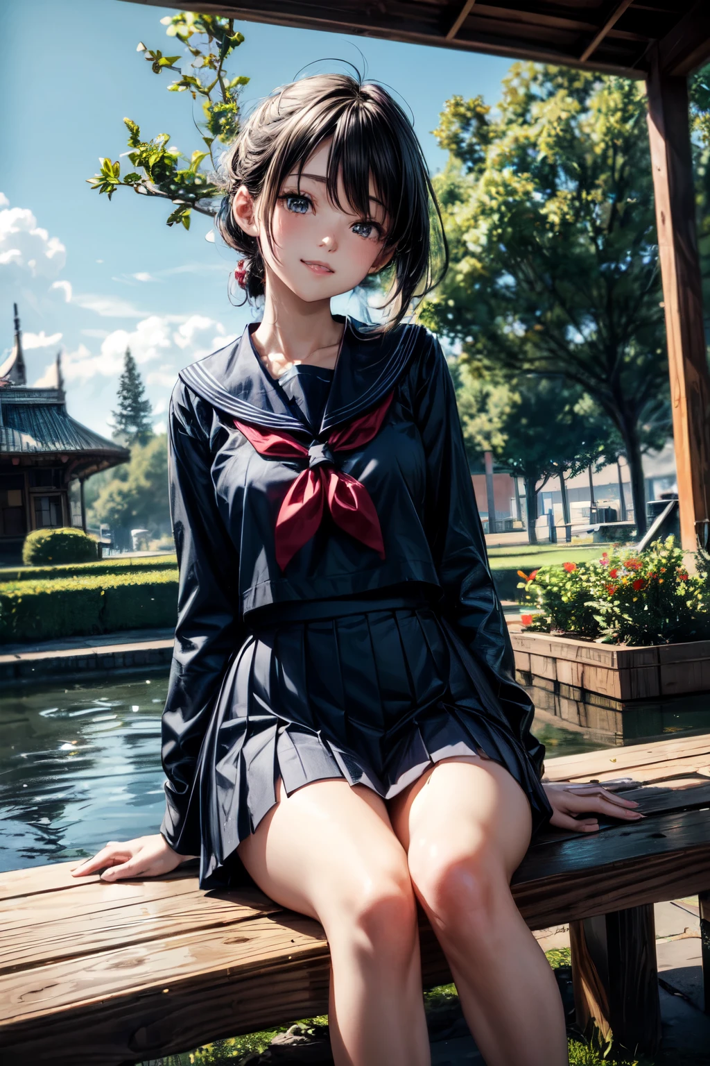 very cute and beautiful school girl,teen,(highly detailed beautiful face),
(smile),looking at viewer,black hair,(sailor school uniform),(pleated navy blue mini skirt),
sitting on wooden bench in elegant gazebo,flower garden,water fountain,forest,
(best quality,masterpiece),absurdres,highres,ultra-detailed,extremely detailed,32k,8k resolution,
intricate details,cinematic scene,detailed background,solo,dynamic angle,
hair fluttering in the wind,beautiful detailed sky,