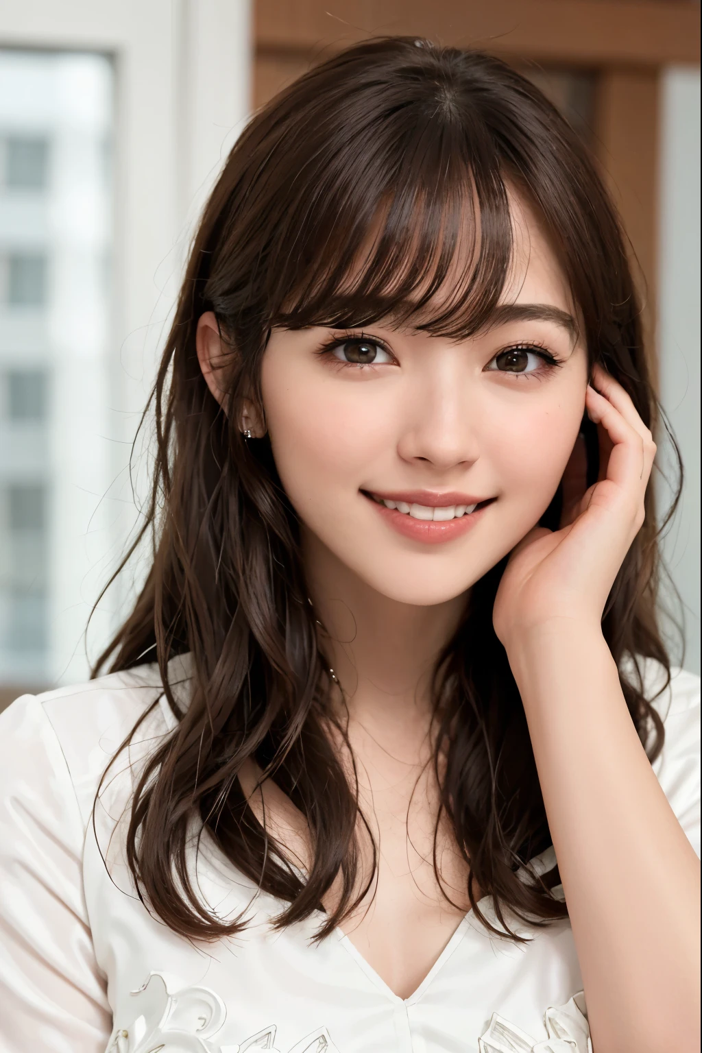 8K, Raise your bangs to show your forehead,A beautiful and cute face that everyone likes, highest quality, Detailed and beautiful eyes, Rosy, shiny lips, beautiful long chestnut hair, White skin, whole body, masterpiece, Thick eyebrows, Ultra-high resolution, Realistic, Very detailed, Professional lighting smile, Eagle Nose, A shy smile、White teeth、Dark eyeliner