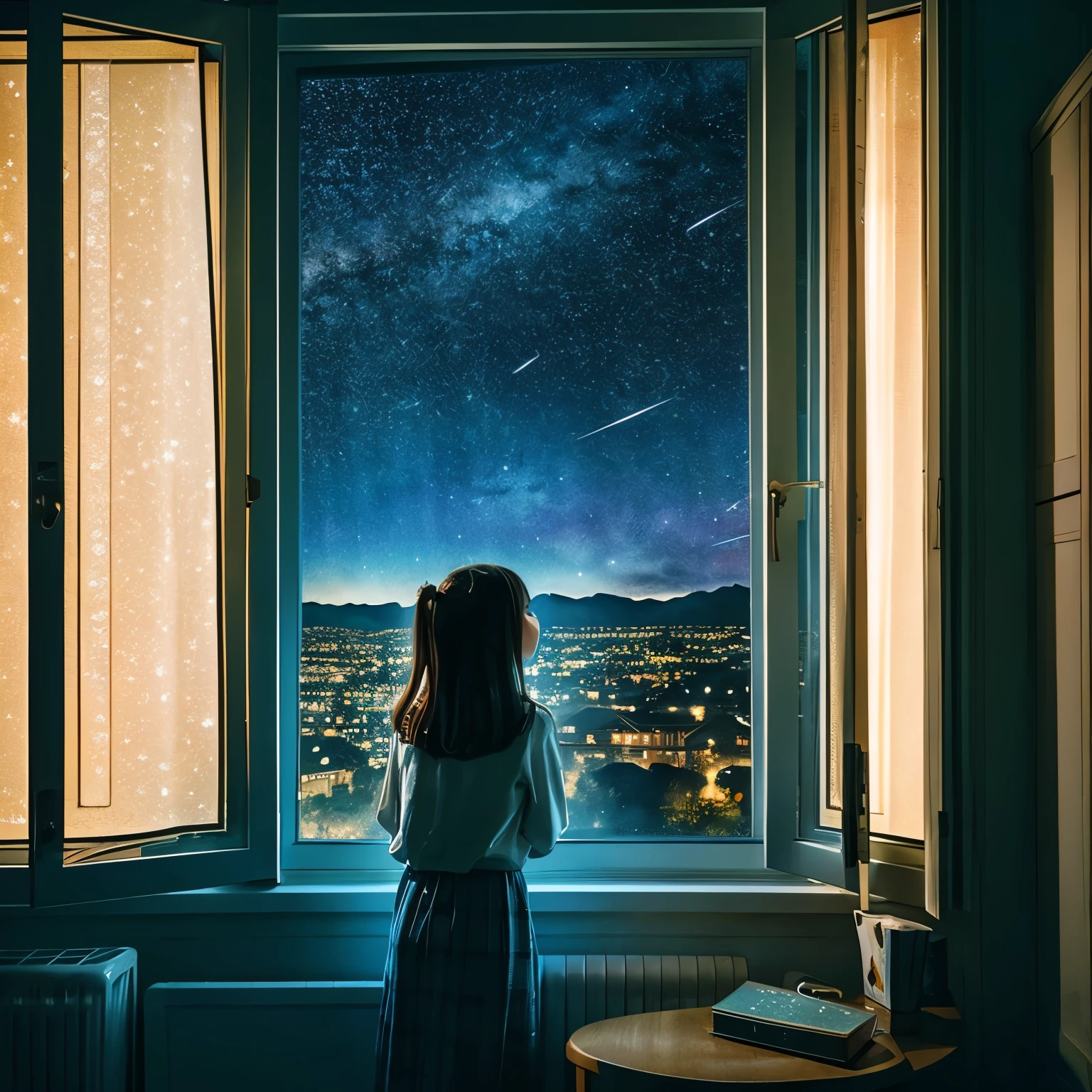 Looking at the starry sky outside the window from inside the room,Young girl,An illustration,highest quality,