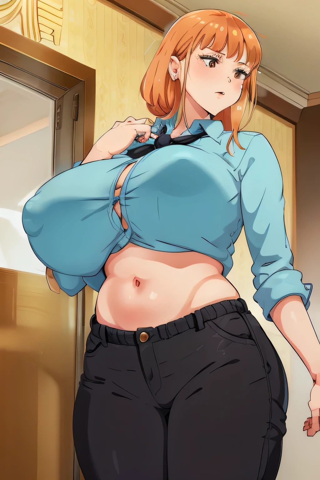 A tall woman is sexy, attractive, beautiful, striking, big breast, short red hair, her brown eye, and she dresses in a turquoise blouse, metallic button, tied knot, long sleeves, hand showing, navel, and dark black pants.