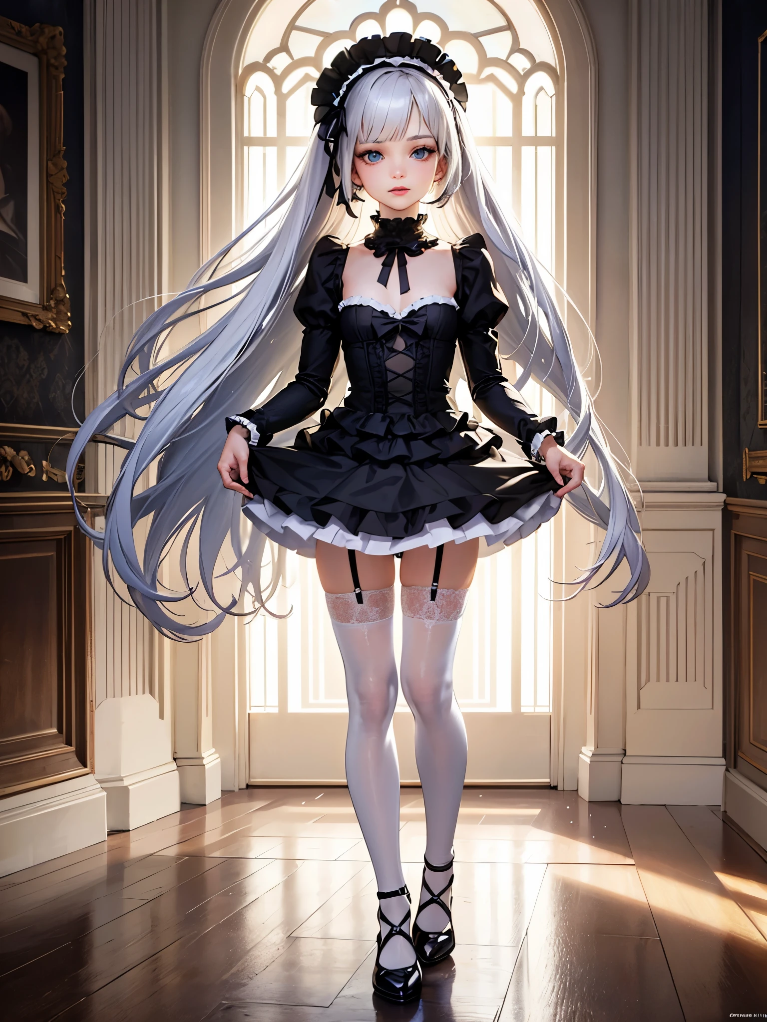 highest quality,In 8K,High resolution,((master piece:1.2)),(Photoreal:1.4), (masterpiece, side light, exquisite beautiful eyes: 1.2), masterpiece*portrait, realistic, 3D face, shining eyes, shiny hair, Glossy skin,alone,full body portrait,standing position,A very beautiful and cute 16 year old girl,attractive oval face,double eyelid,deep blue eyes,rosy lips,small nose,bright silver hair,straight long hair,slender body,small breasts,black gothic lolita style dress(Lots of luxurious frills and delicate lace),panniers,white stockings,garter belt