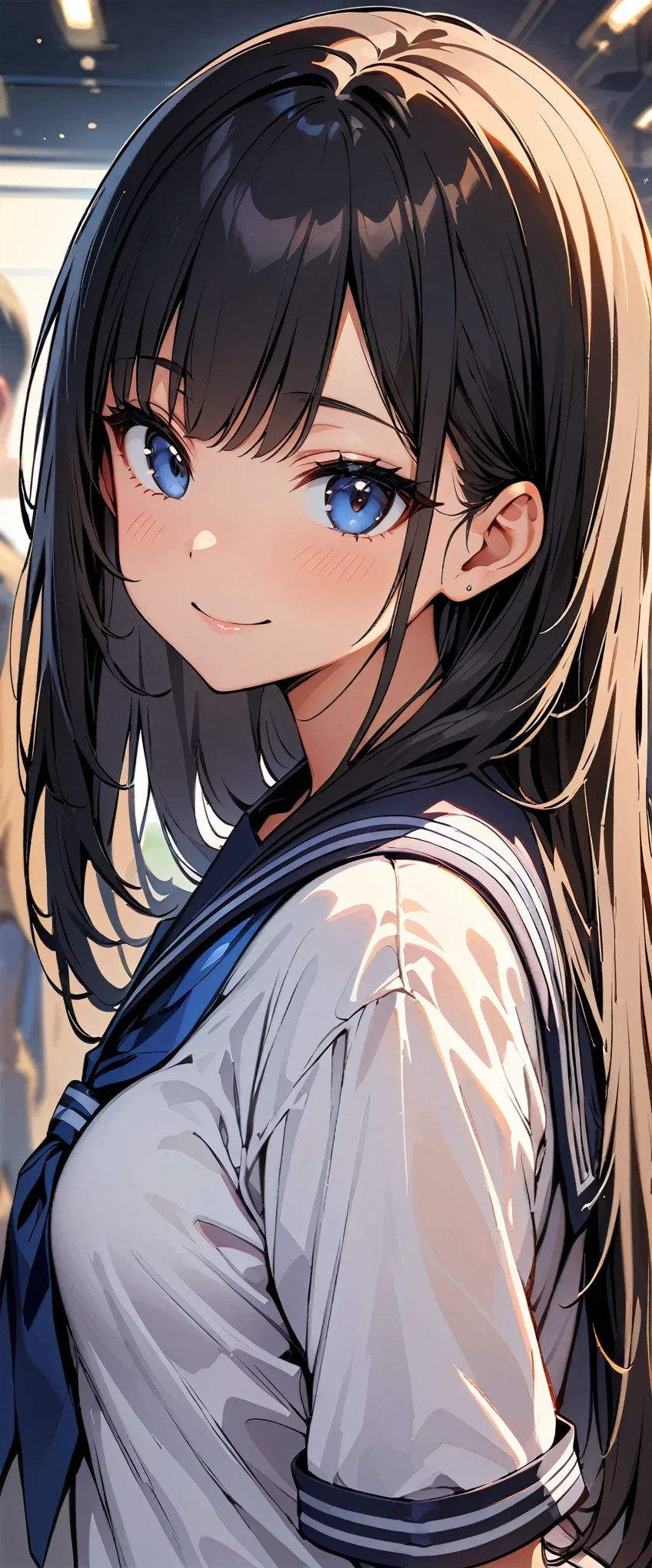 Smiling Over the Shoulder, turn around, Freshness, 1 female, Black Hair, Long Straight Hair, Sexy Women, Staring, Background blur, Shallow depth of field, masterpiece:1.2, super high quality, high resolution, Face Up Shot, Sailor suit.