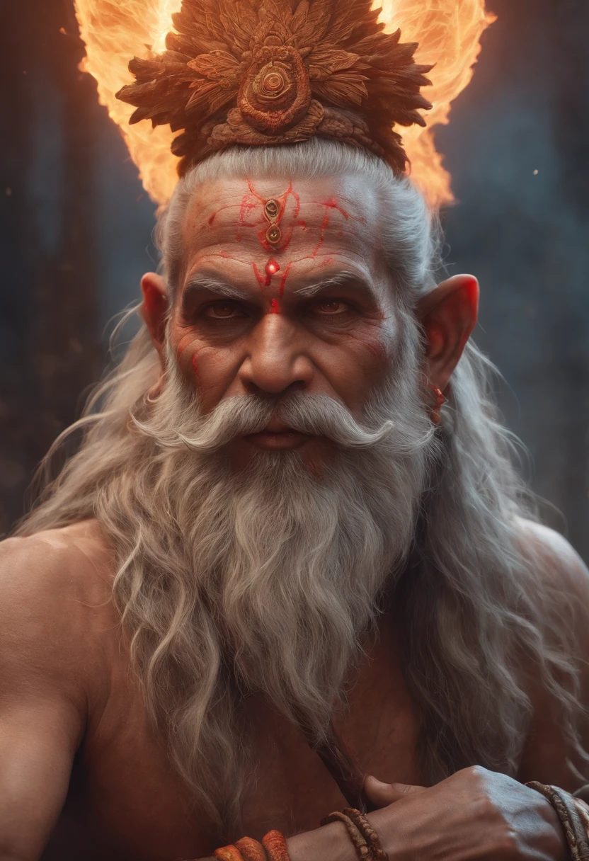 85 millimeters, ((Indian Sadhu's medium-length shot holding a wooden stick, nuvem, dust, fiery particles, Fundo do caos)), intrincado estilo cgi anime ornamentado, Realistic hair, barba realista, Lich Vecna (d&d), Cyberpunk , 8 k efeitos digitais altamente detalhados fantasia, CGSetalidade 9, epic digital art illustration, Dan Mumford e Alex Grey Estilo, Necromante androide benevolente, Bioluminato , arte neon , tema neon, 8k, HDR, fotorrealista, Foto RAW, fotorrealista, delicado, ultra-detalhado, Detalhe extra, altamente intrincado, rendering physically based, Capture the essence of his fiery determination and unyielding spirit as he unleashes his wrath on his enemies. Mantenha-o curto, ousado, e intenso para transmitir o poder bruto da raiva de Sadhu.