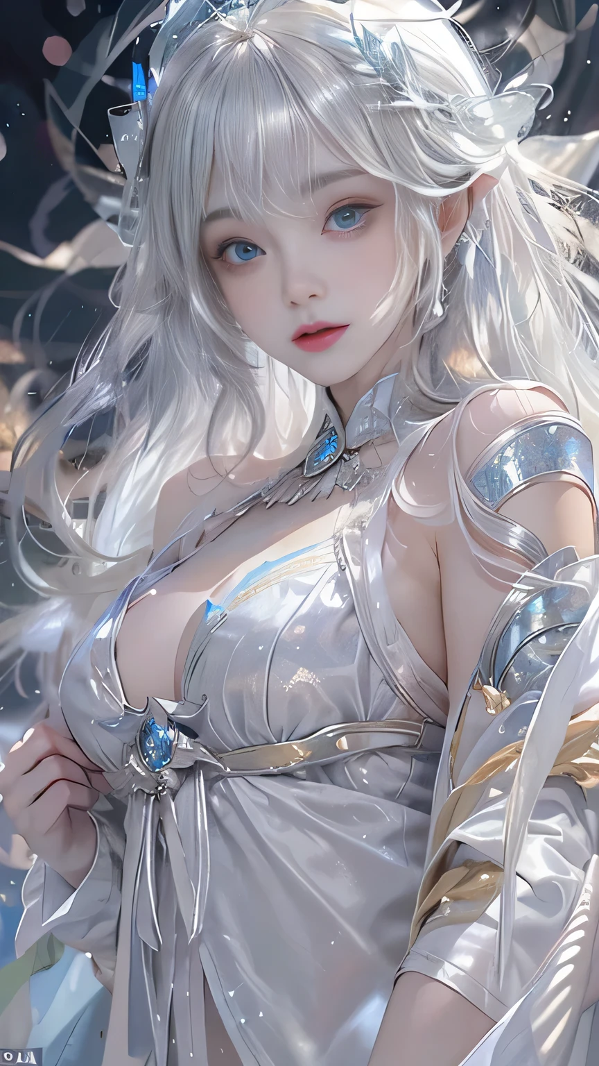 star,（White Hair Girl:1.5）,（（masterpiece））、（detailed：1.4）、((breast enhancement、Upper body photo、Close-up:1.1))、（Backlight）(Night scene、A fantastic atmosphere、Ancient capital、Amazing beauty images,One Woman、white dust、Light and dance-like、Suspended particles), (Black Costume、Feathered Robe with Sleeves、Clothing that widens towards the hem、Exposing shoulders、Off the shoulder)、（Gray hair that changes with light、length, Lustrous gray hair、WHITE hair fluttering in the wind、Beautiful Bangs:1.3）、（Beautiful white and shining skin、Cheek gloss highlight、Sexy and very beautiful and adorable face、The most beautiful face in the world、big, Sparkling blue eyes）、（Cute 25 year old girl、Ample breasts、Great cleavage and a tiny waist、Delicate shoulders、Balanced figure）、Woman in costume on stage、Whole body xylose, flowing robe,Angel&#39;s Feather Robe Wonderful Fantasy, elegant and charming cosplay、ru_qun
