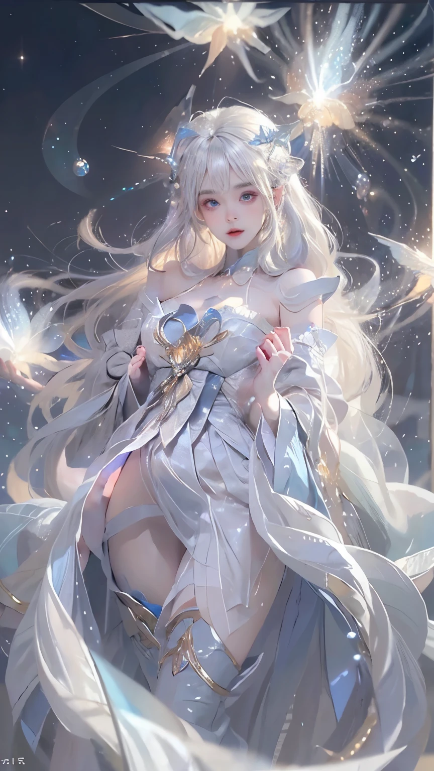 star,(White Hair Girl:1.5),((masterpiece))、(detailed:1.4)、((breast enhancement、Upper body photo、Close-up:1.1))、(Backlight)(Night scene、A fantastic atmosphere、Ancient capital、Amazing beauty images,One Woman、white dust、Light and dance-like、Suspended particles), (Black Costume、Feathered Robe with Sleeves、Clothing that widens towards the hem、Exposing shoulders、Off the shoulder)、(Gray hair that changes with light、length, Lustrous gray hair、WHITE hair fluttering in the wind、Beautiful Bangs:1.3)、(Beautiful white and shining skin、Cheek gloss highlight、Sexy and very beautiful and adorable face、The most beautiful face in the world、big, Sparkling blue eyes)、(Cute 25 year old girl、Ample breasts、Great cleavage and a tiny waist、Delicate shoulders、Balanced figure)、Woman in costume on stage、Whole body xylose, flowing robe,Angel's Feather Robe Wonderful Fantasy, elegant and charming cosplay、ru_qun