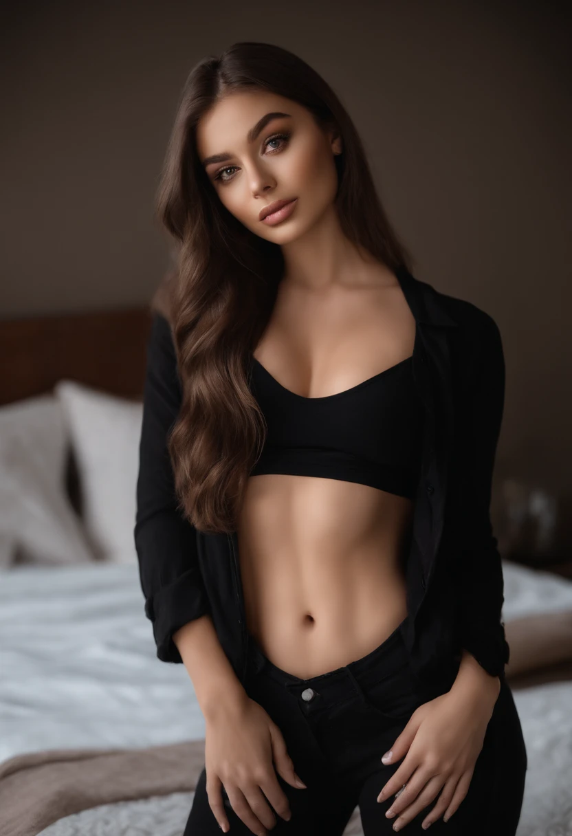 arafed woman with black clothes, sexy girl with brown eyes, big , portrait sophie mudd, brown hair and large eyes, selfie of a young woman, bedroom eyes, violet myers, without makeup, natural makeup, looking directly at the camera, mund zu, looks seductive, face with artgram, subtle makeup, stunning full body shot, in bedroom, cleavage
