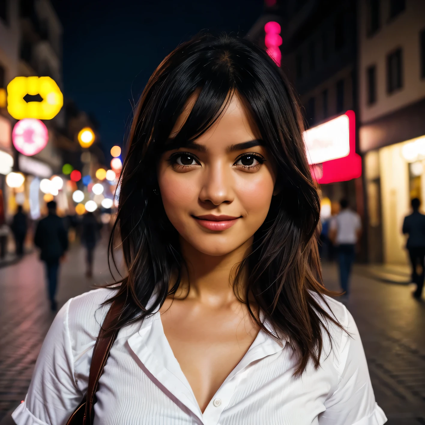 1girl, Cabello largo y rosado, cuernos rojos, Camisa de cuello blanco, corbata negra, sonrisa ligera, ojos amarillos, Corneo_Poder,, Edificios,tiendas,Calles de la ciudad, cielo oscuro, paisaje,neon signs,Ciudad Nocturna, Letras japonesas,, , absurdos, ojos detallados, extremadamente detallado, volumetric illumination, realista, realistic lighting, 8k, cinematic lighting, Profundidad de campo, Perfecto, hiperdetallado, fotorrealista, ultra realista, Luz realista, hard lighting, Detalles intrincados, Stop Motion, mapeo de tonos, sharp focus, hiper detallado,