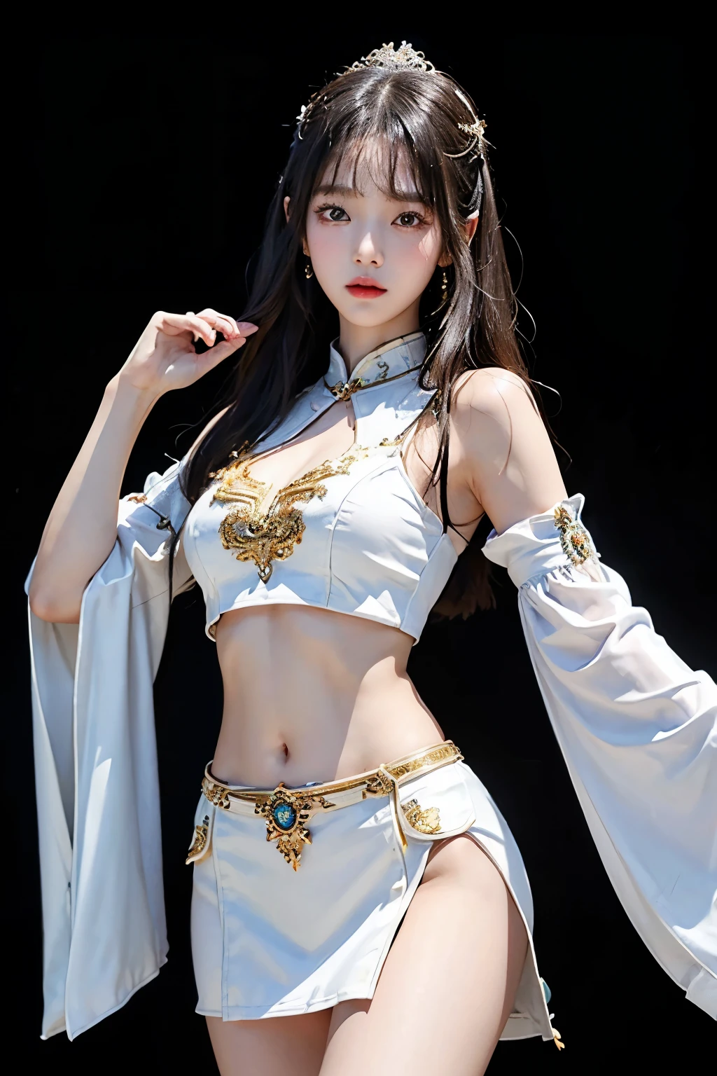 est quality)), ((masterpiece)), ((bright face without shadow)), (super detailed), 1 beautiful girl, ((Beautiful legs)) ,((glamour)),Traditional sexy Korean sleeve two piece dress, navel sterr, whole body, Traditional Korean room background, standing, Clear and detailed face, with sword style pose ,(super cute face)